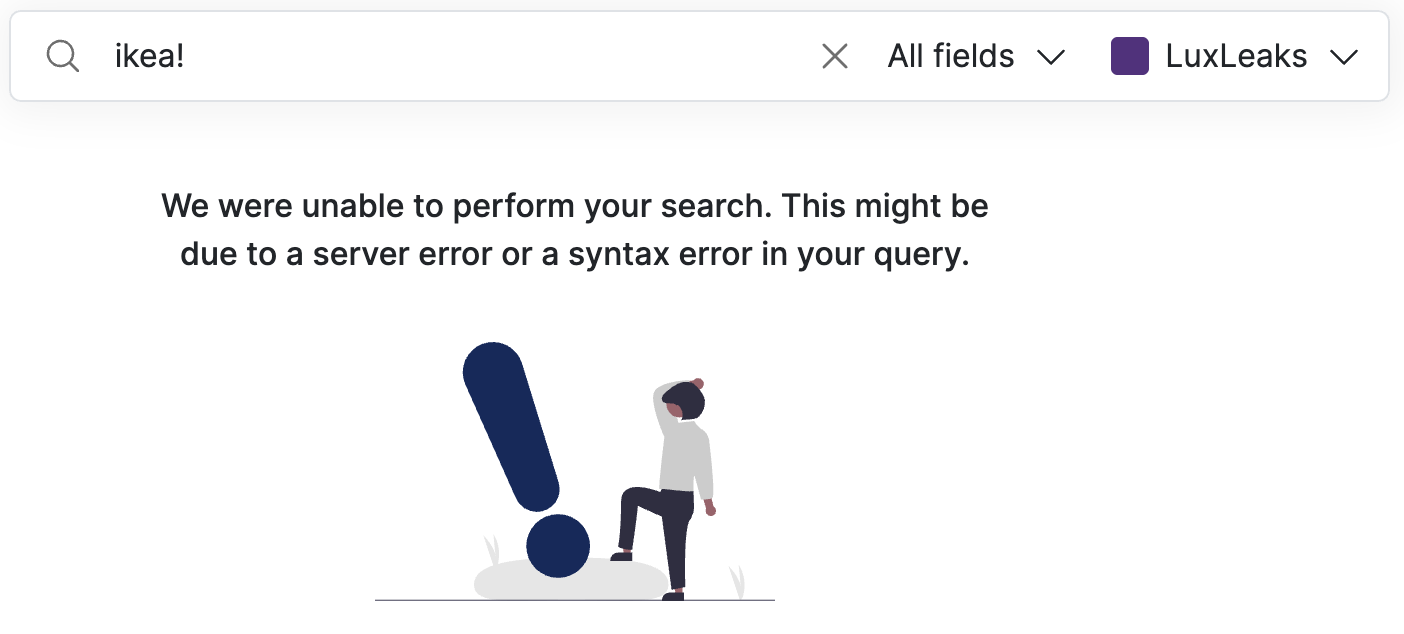 Screenshot of Datashare's search page with 'ikea!' in the search bar and the message 'We were unable to perform your search. This might be due to a server error or a syntax error in your query'