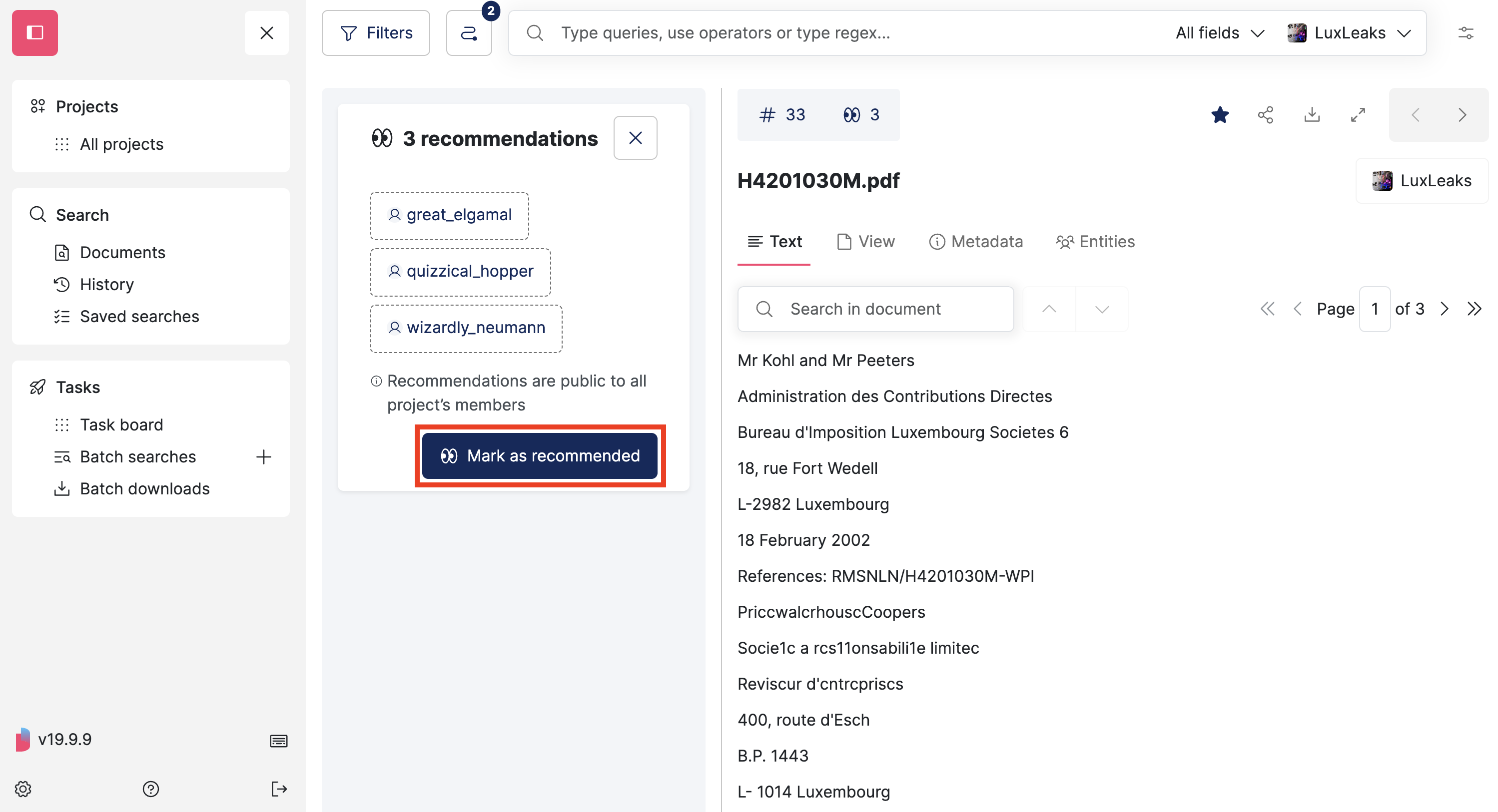 Screenshot of Datashare's search documents page in List layout where a document is open and the 'Recommendations' floating panel on the left of the document is open and the button 'Mark as recommended' is highlighted