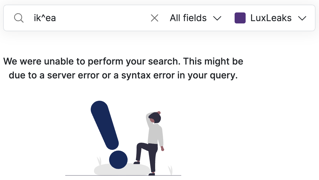 Screenshot of Datashare's search page with 'ik^ea' in the search bar and the message 'We were unable to perform your search. This might be due to a server error or a syntax error in your query'