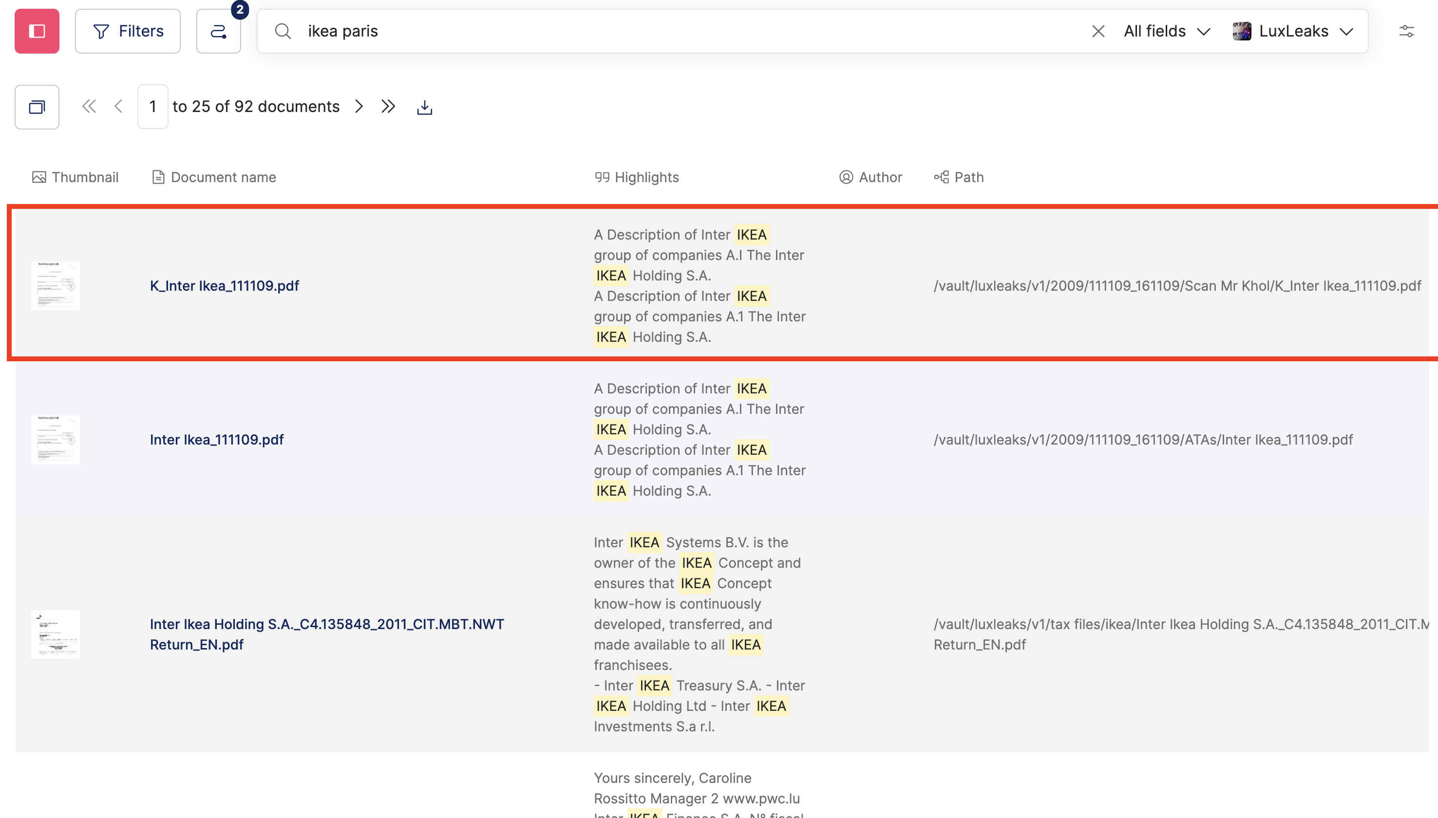 Screenshot of a Datashare's search documents page with 'Ikea paris' typed in the search bar and the first document card highlighted at the top of the results in a Table layout