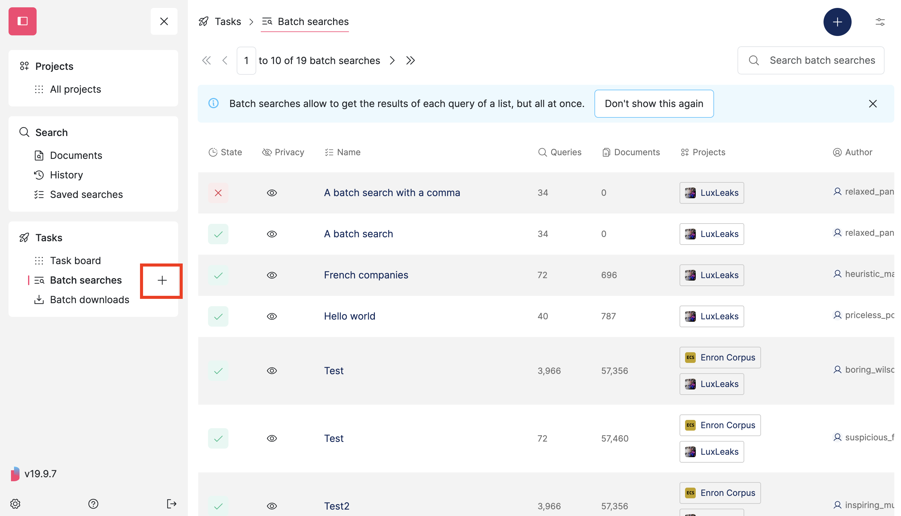 Screenshot of Datashare's batch searches page where the 'Plus' button in the menu next to the entry 'Tasks > Batch searches' is highlighted