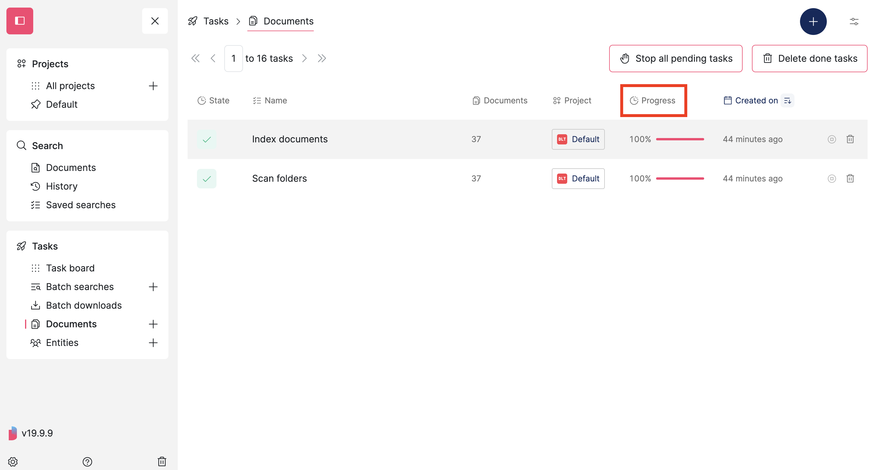 Screenshot of Datashare's task page to add document where the header of the Progress column is highlighted