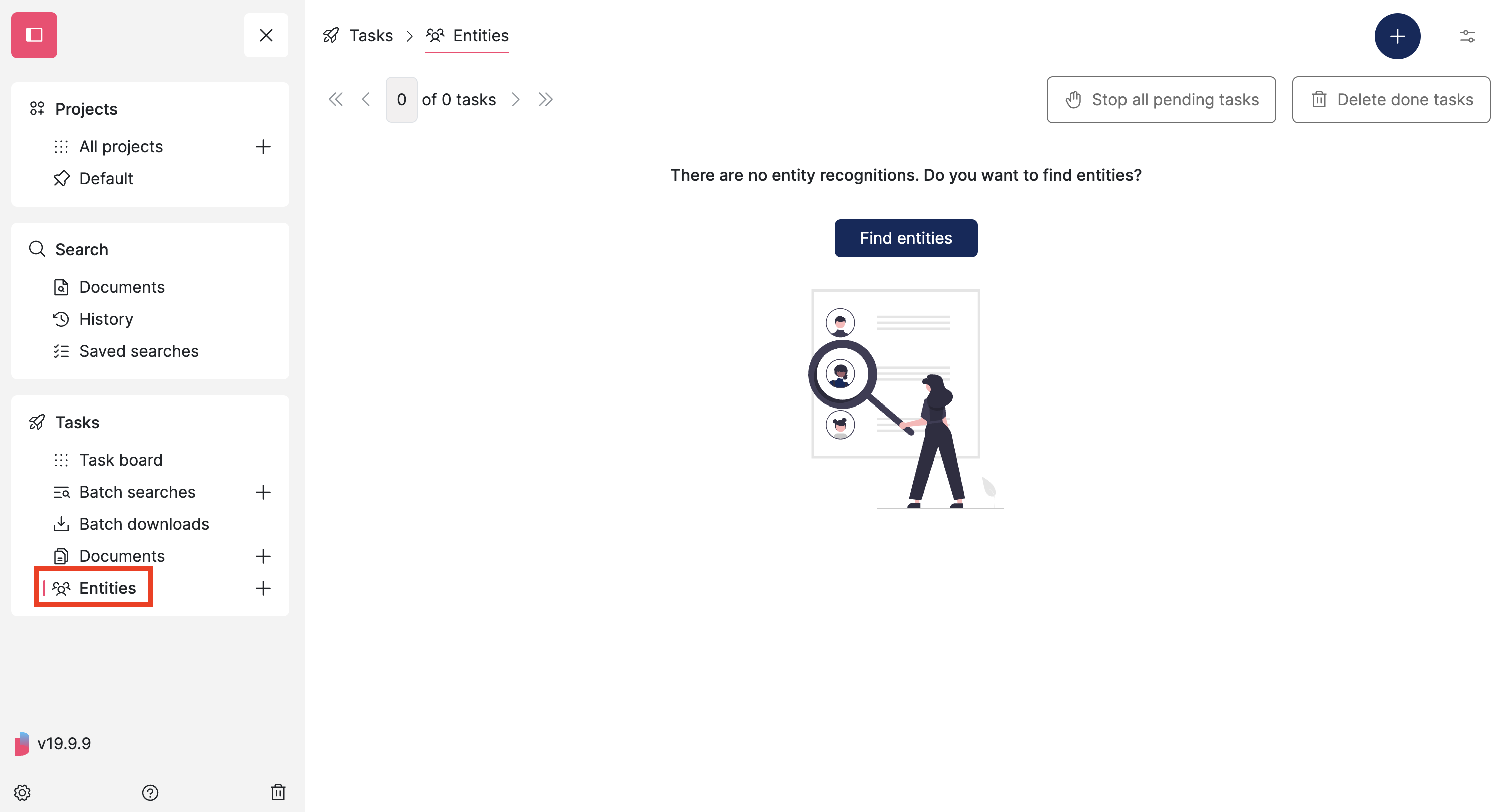 Screenshot of Datashare's Entities page with the menu's Entities entry highlighted