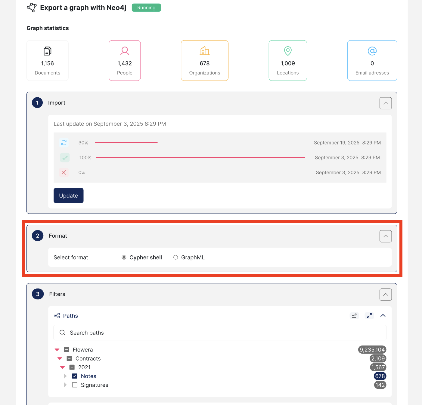 Screenshot of Datashare's project page on the 'Graph' tab with the form to export a graph open and its second step called 'Format' highlighted