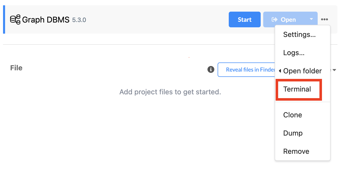 Screenshot of a window with the title 'Graph DBMS' with the three dot dropdown open and the entry 'Terminal' highlighted