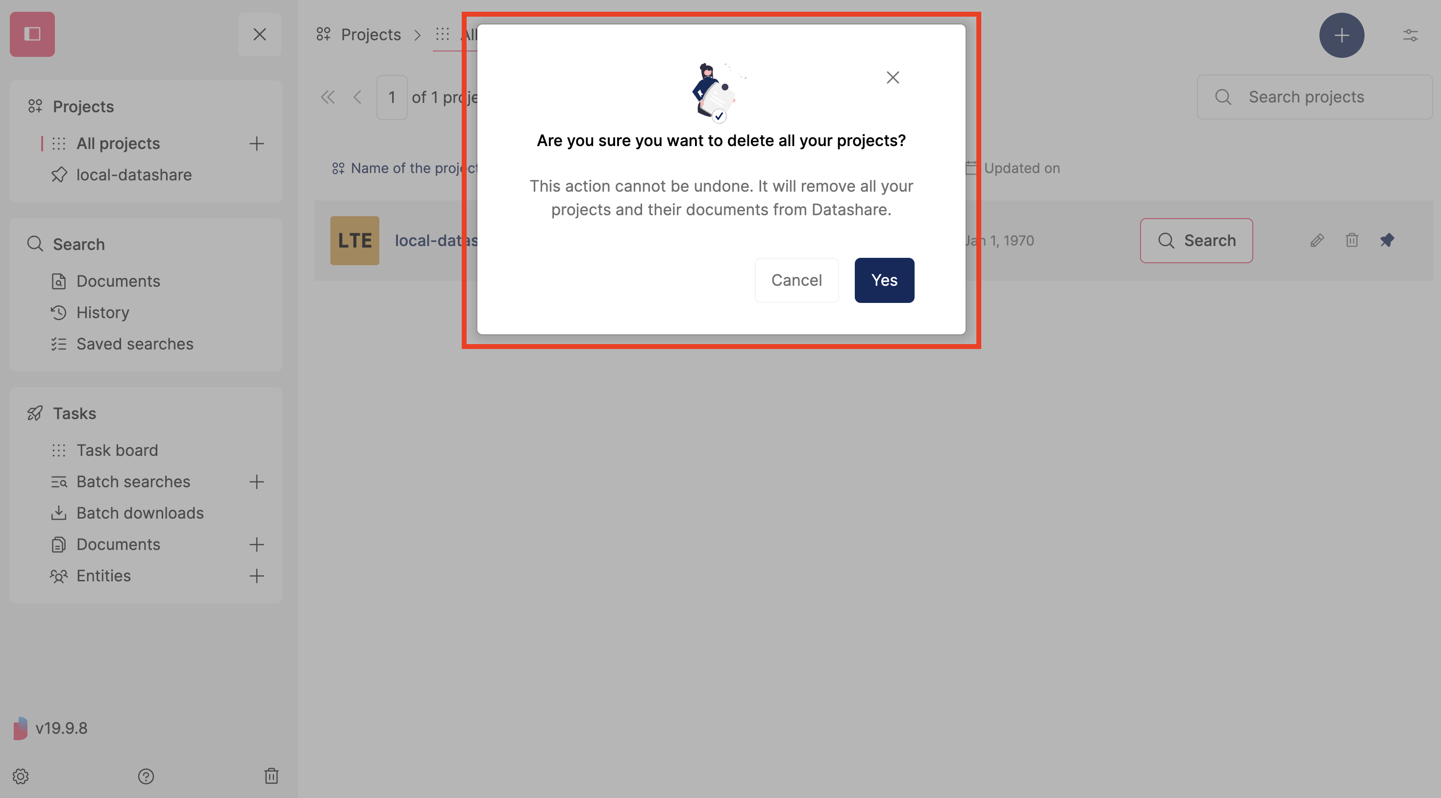 Screenshot of Datashare's homepage with a confirmation modal to delete all projects and documents highlighted