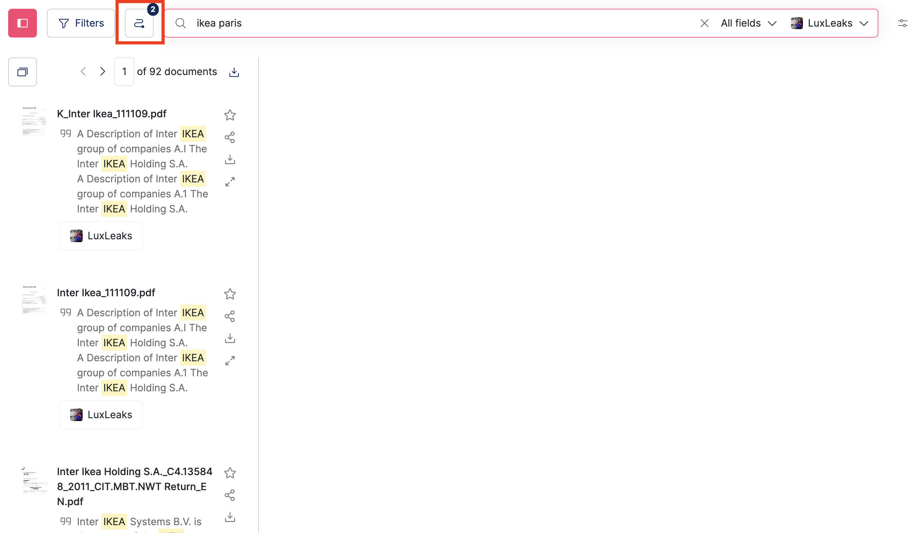 Screenshot of a Datashare's search documents page with 'Ikea' typed in the search bar and the 'Your search' icon button highlighted at the left of the search bar