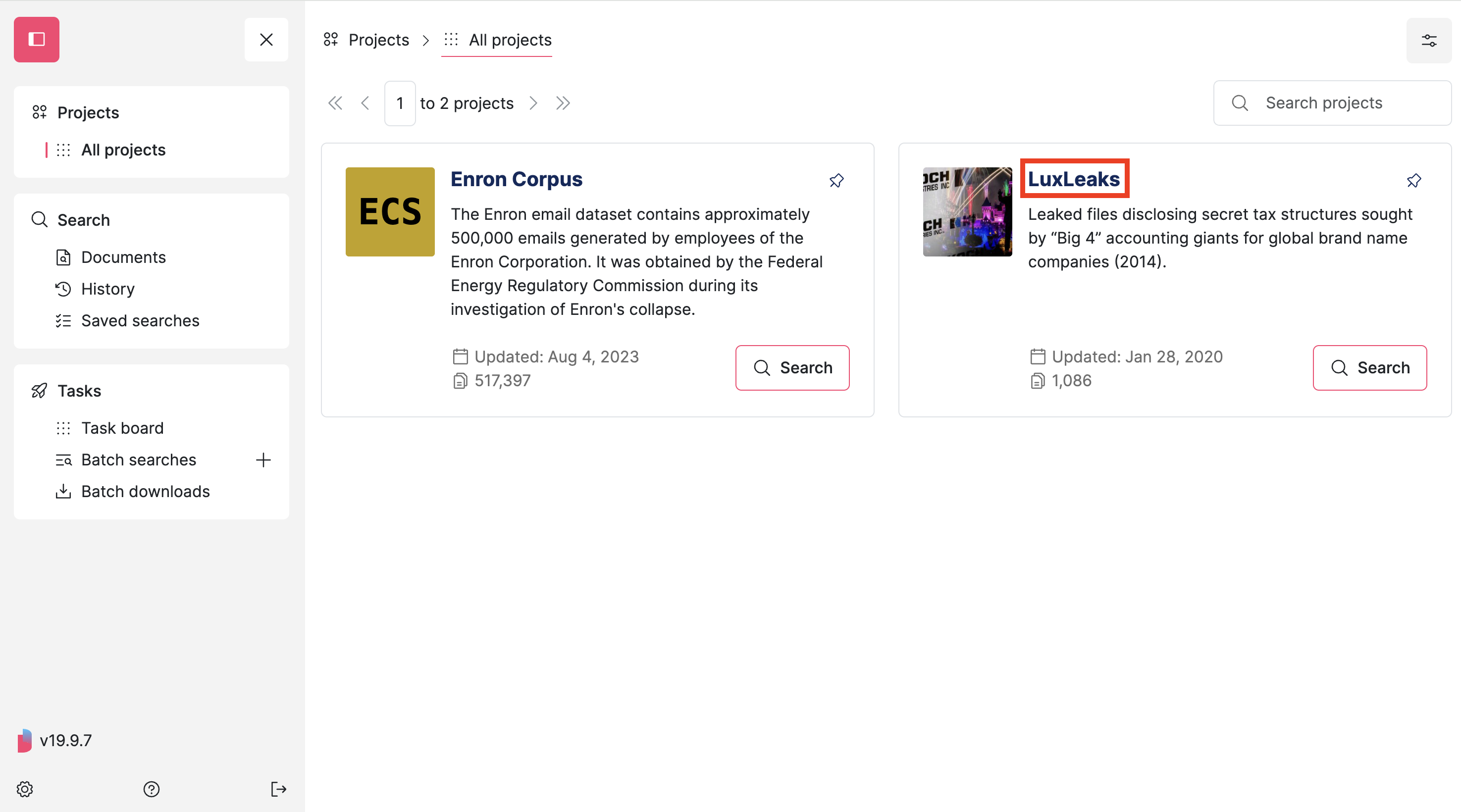 Screenshot of Datashare's 'All projects' page with LuxLeaks' project's name highlighted
