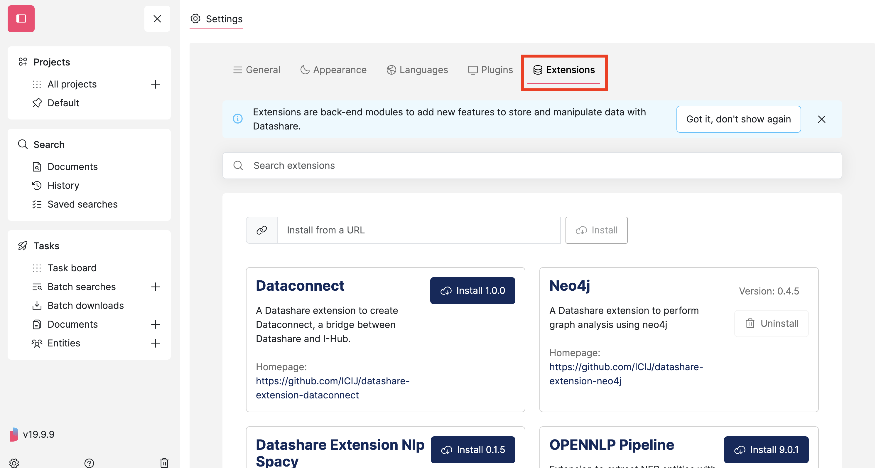 Screenshot of a Datashare's settings page with the Extensions tab highlighted