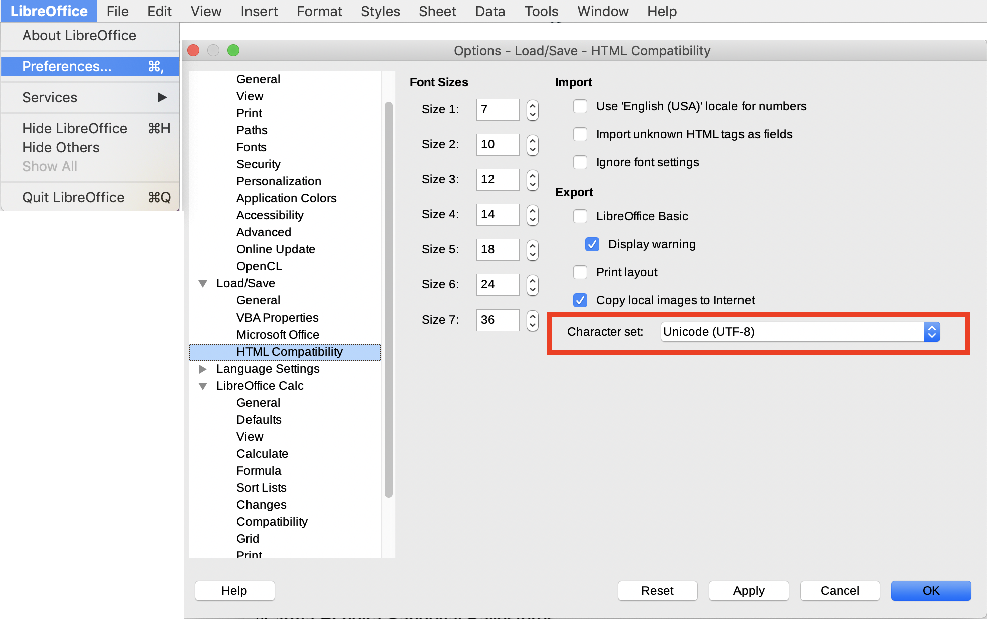 Screenshot of a window of LibreOffice software where the Export options with 'Character set: Unicode (UTF-8)' is highlighted