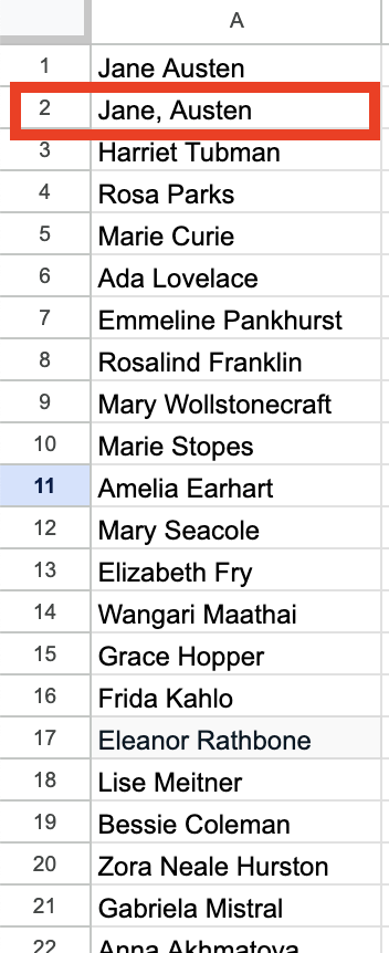Screenshot of a spreadsheet with the first column filled with one name and surname of a female personality per cell and the second cell contains 'Jane, Austen' and is highlighted