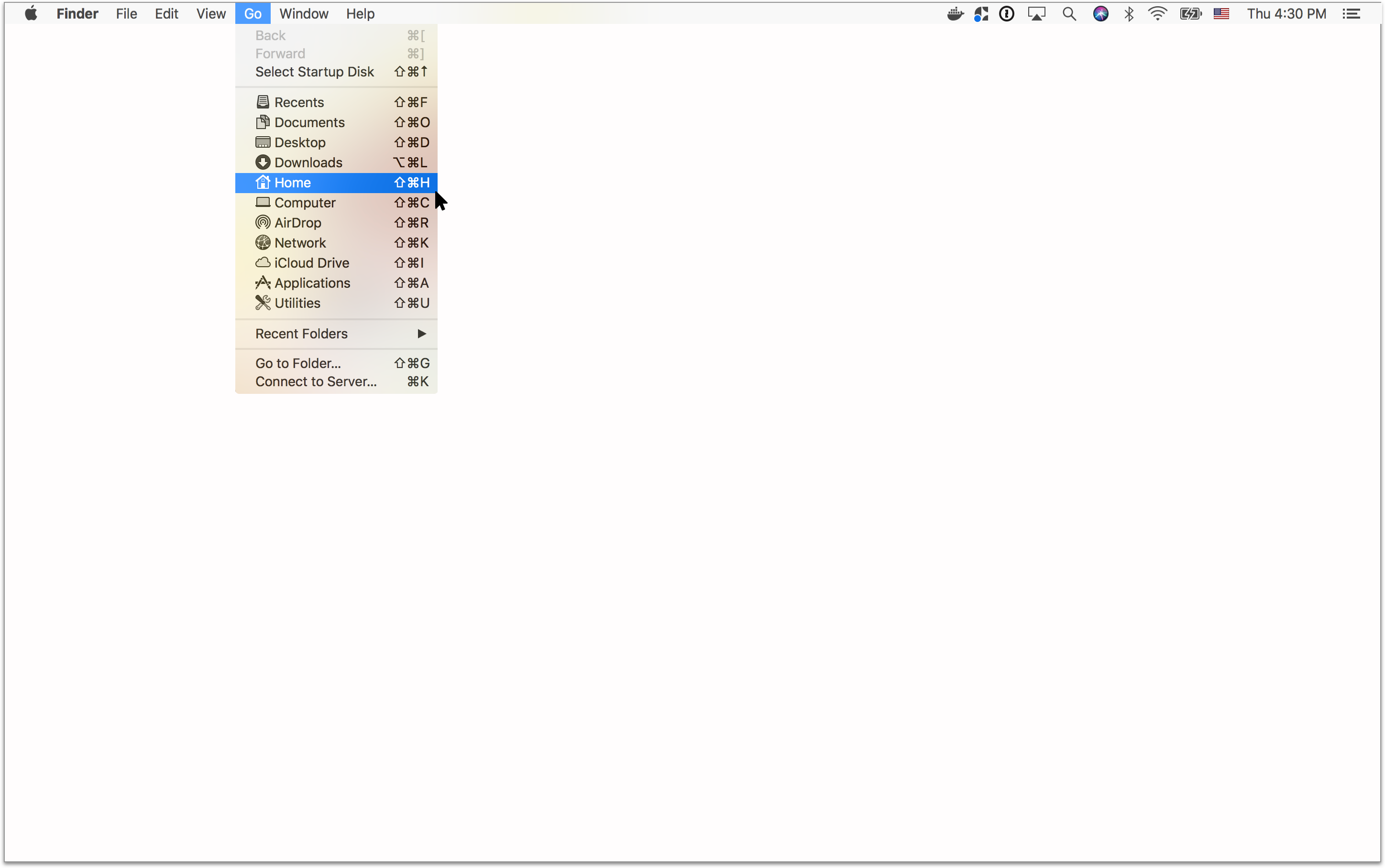 Screenshot of Mac's Finder window with a dropdown menu below the 'Go' entry with the 'Home' entry highlighted