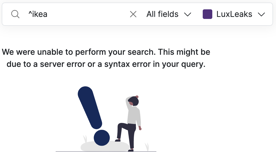Screenshot of Datashare's search page with '^ikea' in the search bar and the message 'We were unable to perform your search. This might be due to a server error or a syntax error in your query'