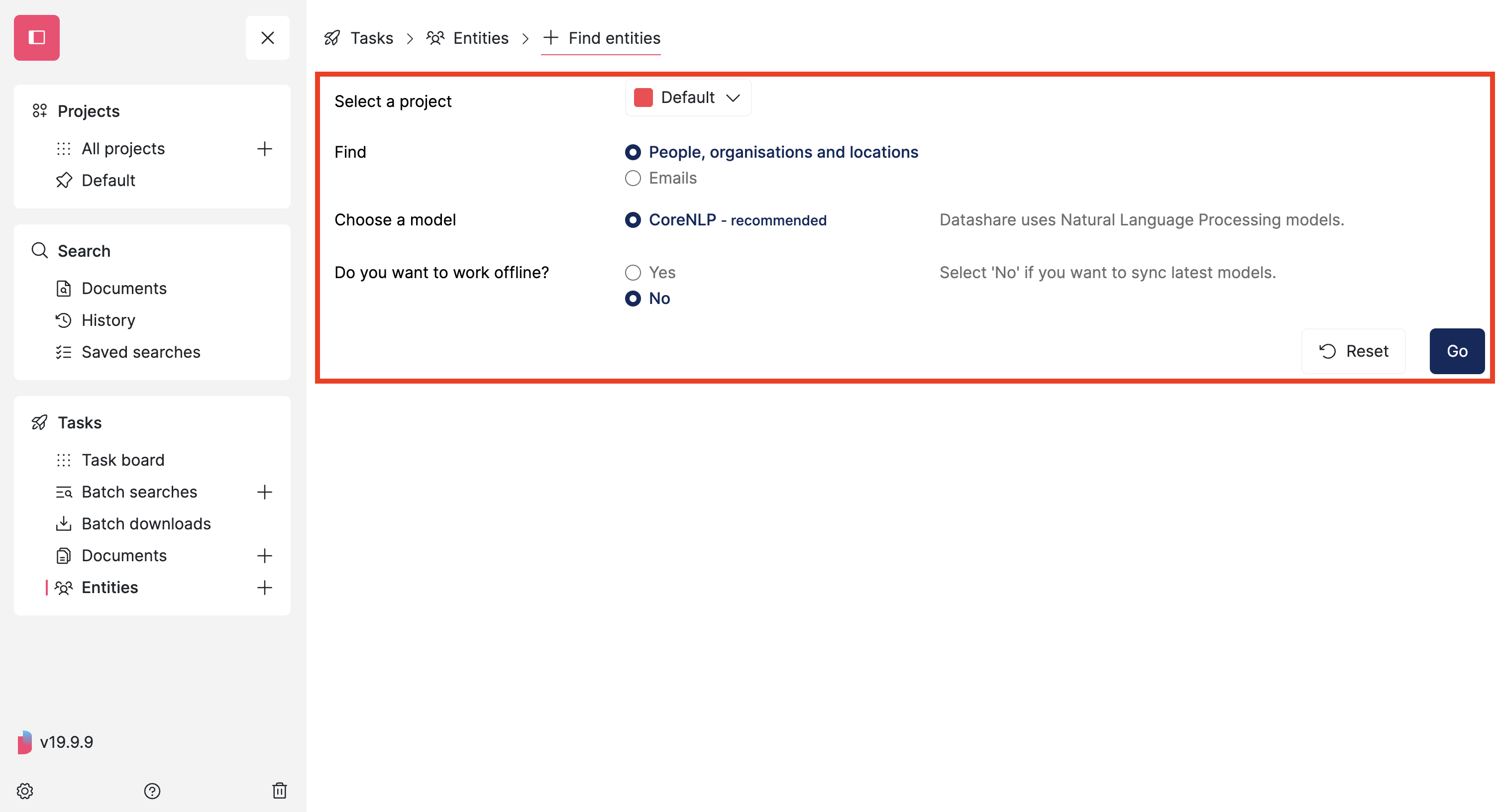 Screenshot of Datashare's 'Find Entities' page with the whole form highlighted