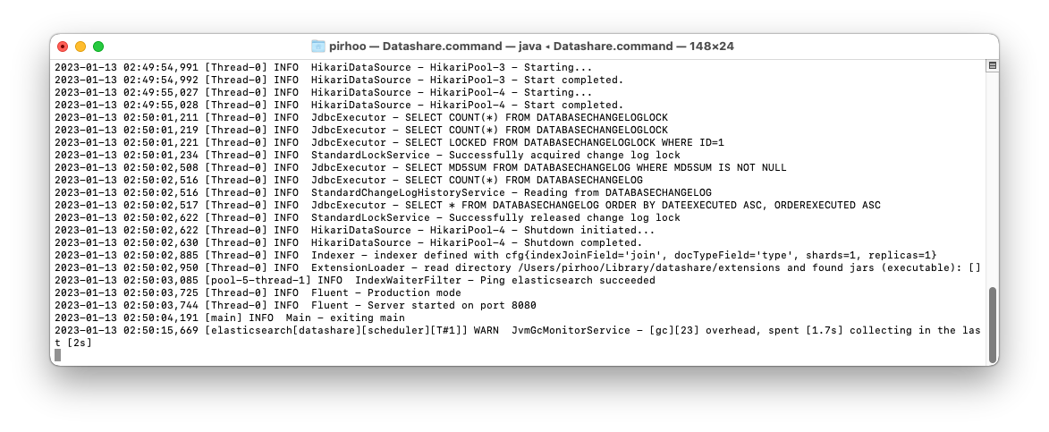 Screenshot of Mac's terminal window with Datashare's starting logs