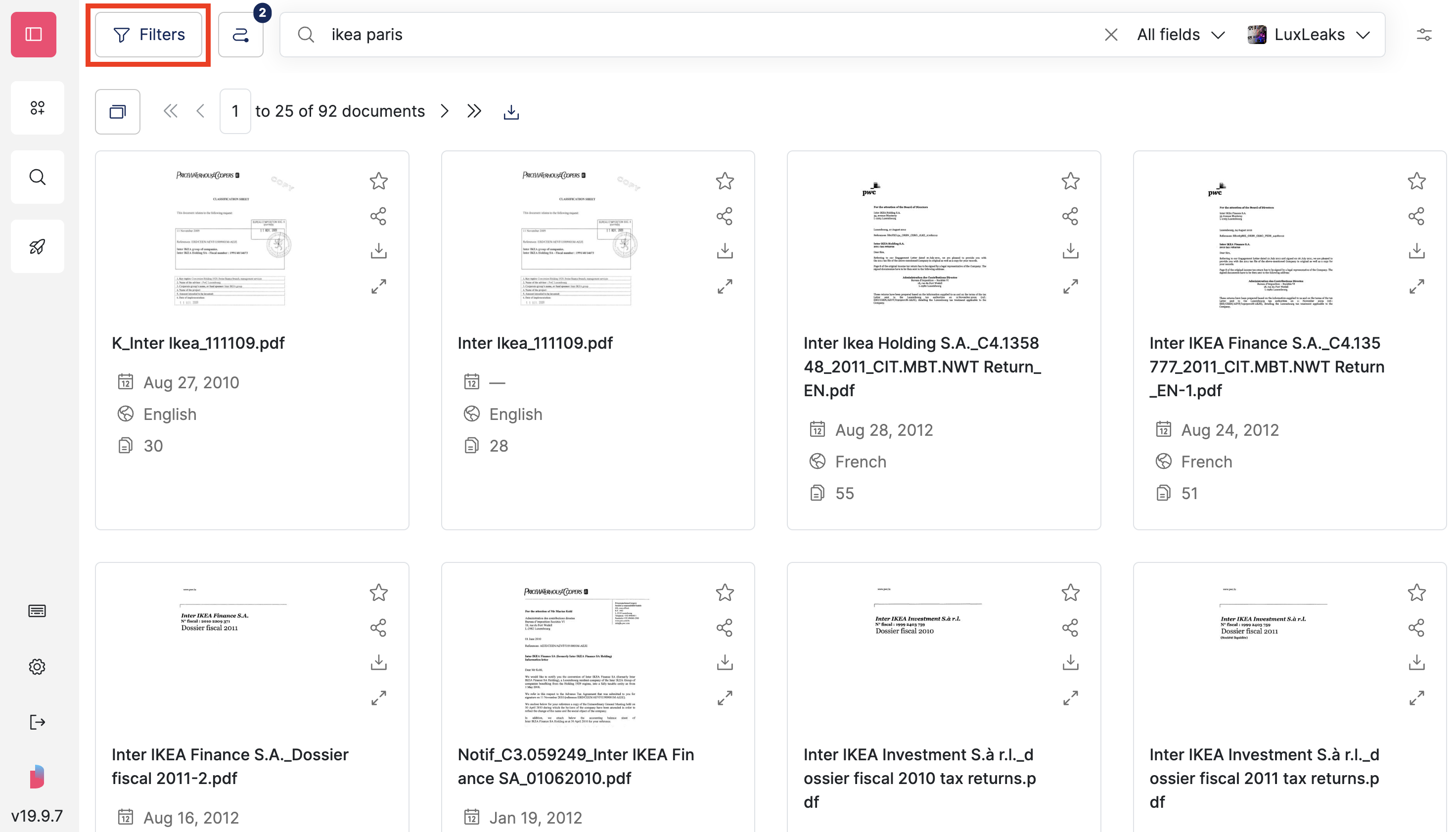 Screenshot of Datashare's page to search documents with the 'Filters' button at the left of the search bar highlighted