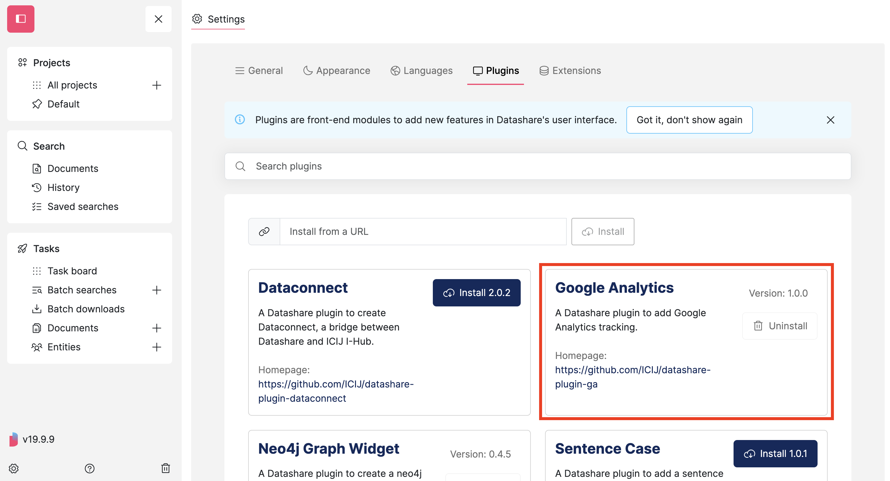 Screenshot of Datashare's Settings page on the Plugins tab with the installed plugin highlighted