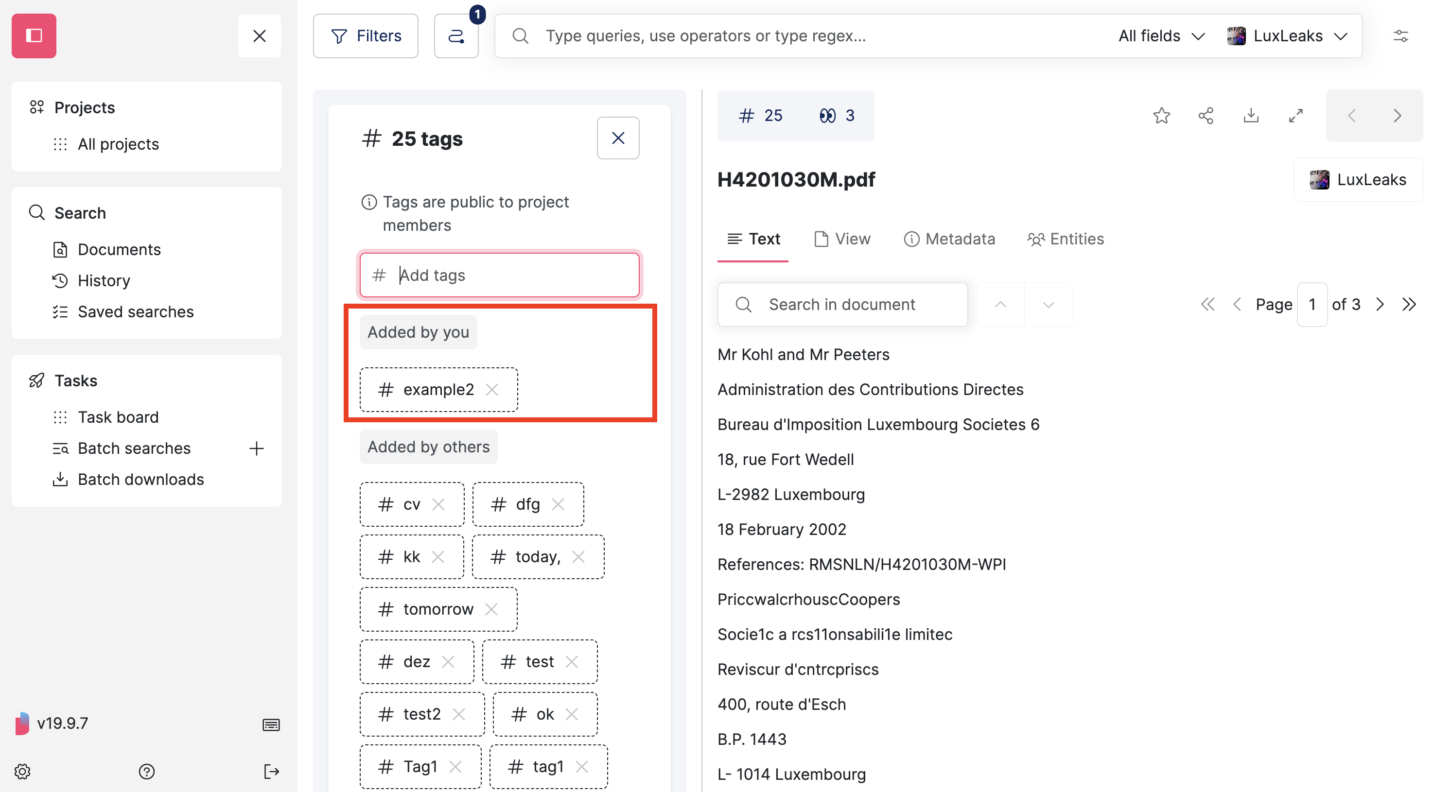 Screenshot of Datashare's search documents page in List layout where a document is open, the 'Tags' floating panel on the left of the document is open and the category 'Added by you' is highlighted