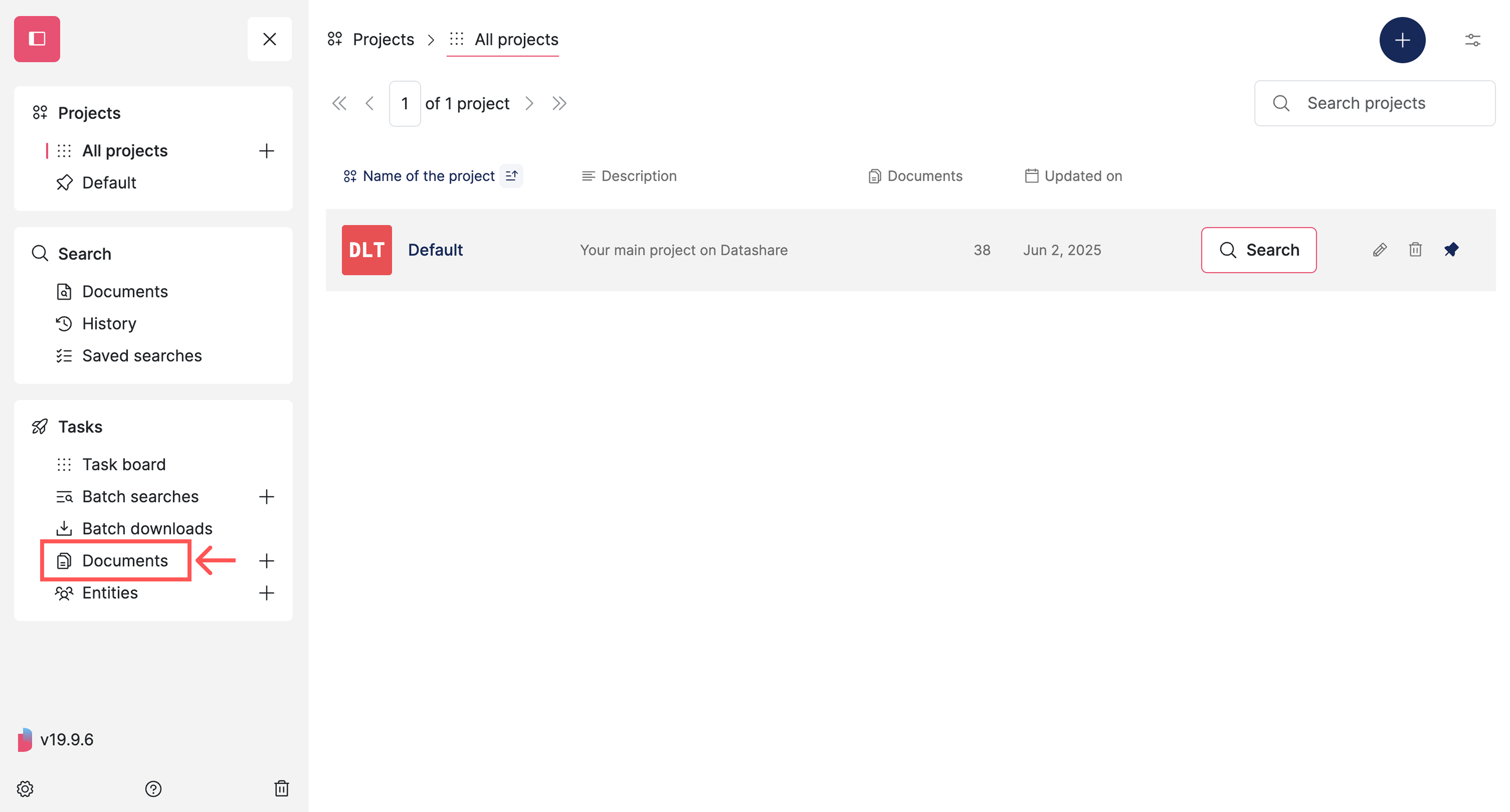 Screenshot of Datashare's homepage with the left menu open highlighting the 'Documents' entry in the 'Tasks' category
