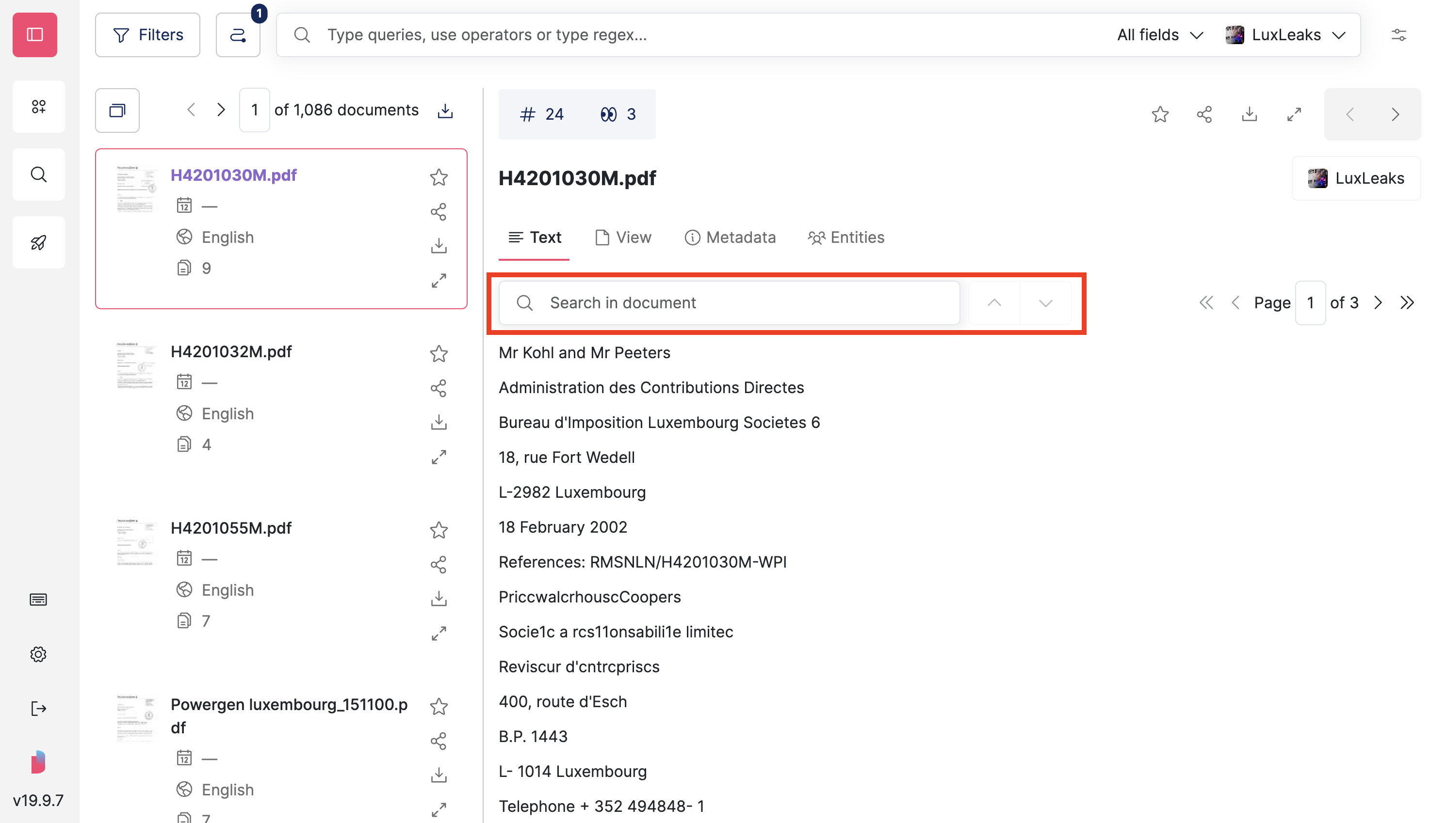 Screenshot of Datashare's page to search documents in List view with a document open on the 'Text' tab and the search bar to search within the document highlighted
