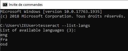 Screenshot of the command tesseract --list-langs. with the result: 'List of available languages (3): eng fra osd'