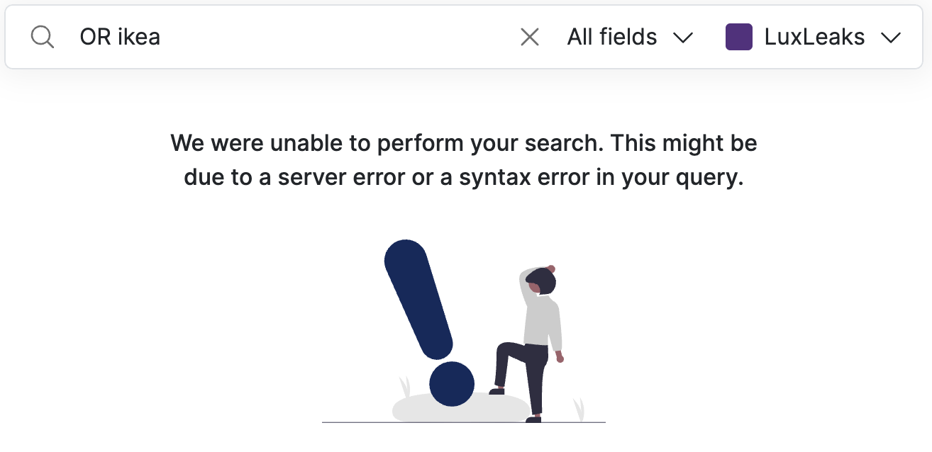 Screenshot of Datashare's search page with 'OR ikea' in the search bar and the message 'We were unable to perform your search. This might be due to a server error or a syntax error in your query'