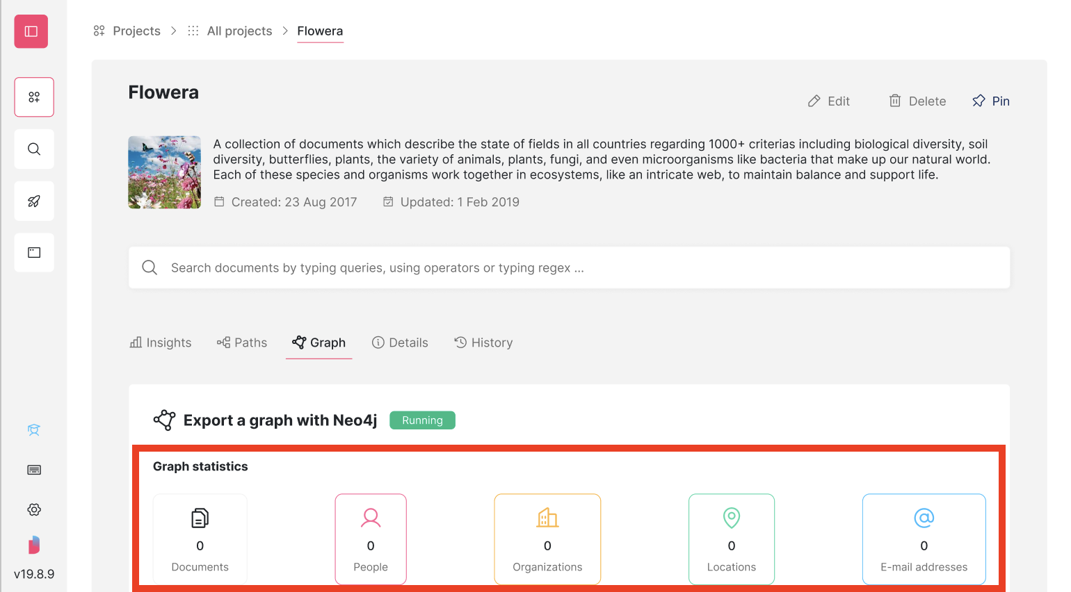 Screenshot of Datashare's project page on the 'Graph' tab with the 'Graph statistics' highlighted