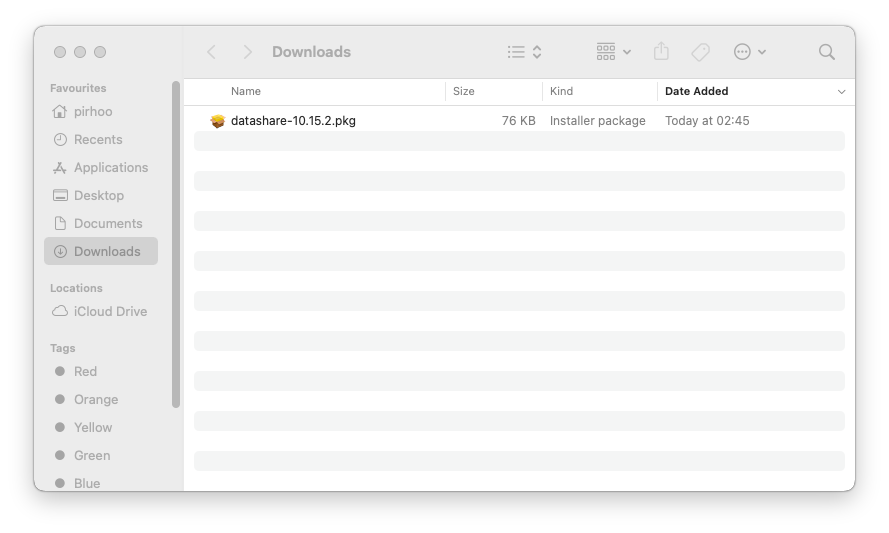 Screenshot of the Downloads window on Mac showing the installer package of Datashare