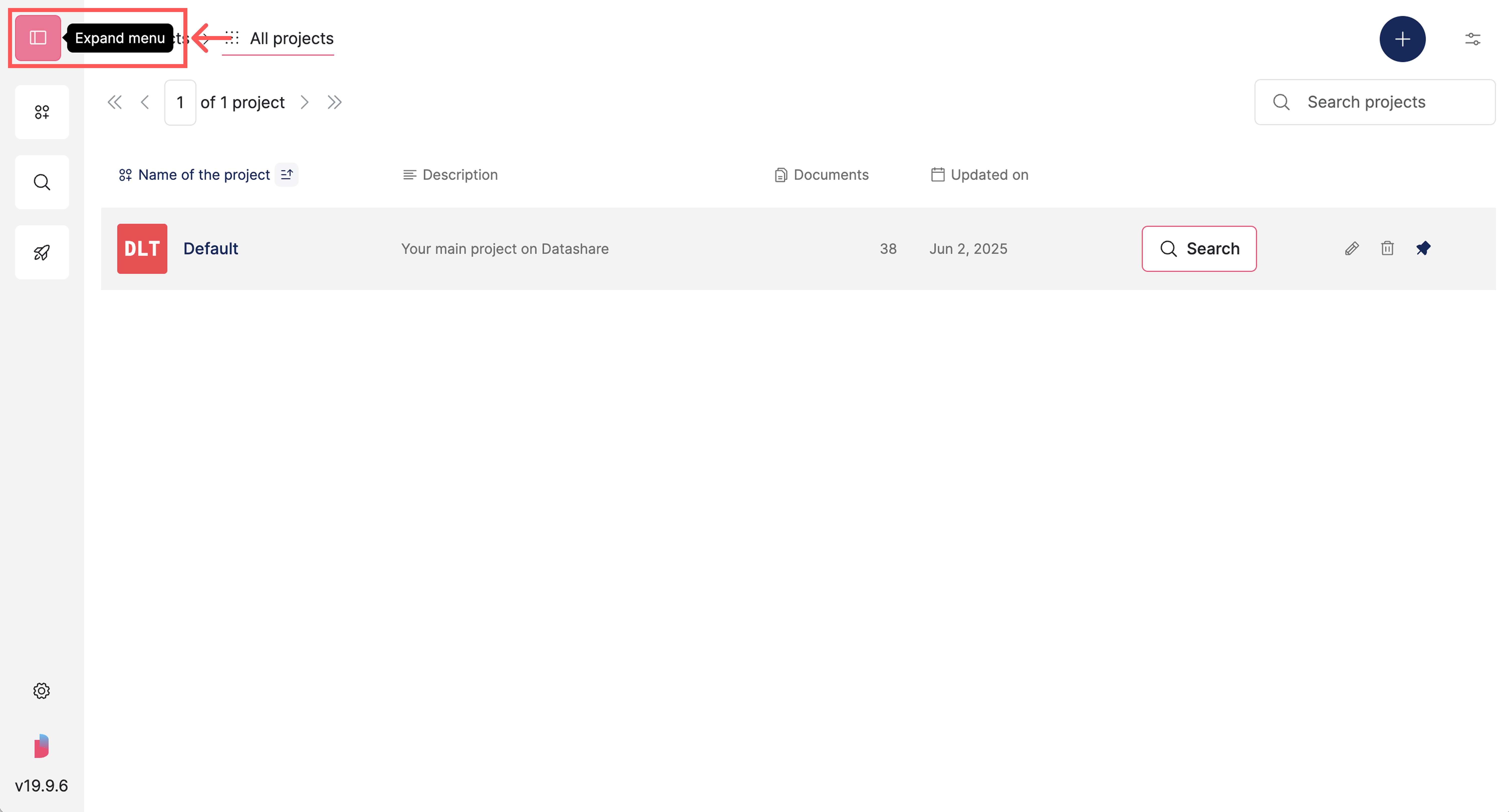 Screenshot of Datashare's homepage highlighting the top icon in the left menu top to expand it