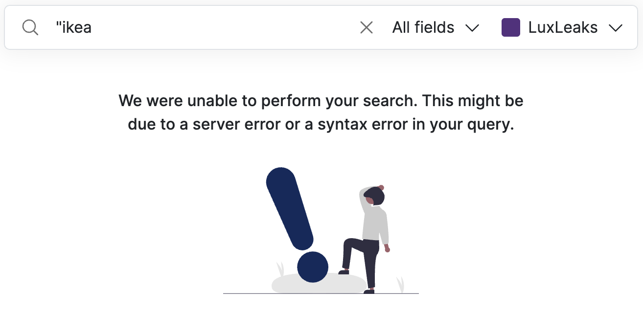 Screenshot of Datashare's search page with '"ikea' in the search bar and the message 'We were unable to perform your search. This might be due to a server error or a syntax error in your query'