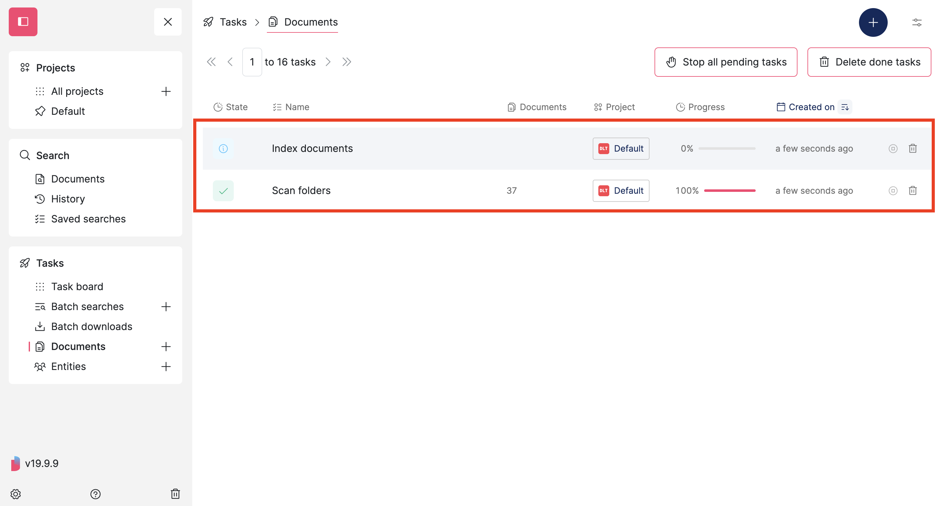 Screenshot of Datashare's Documents page highlighting two lines in a table, one for 'Scan folders' and another one for 'Index documents'