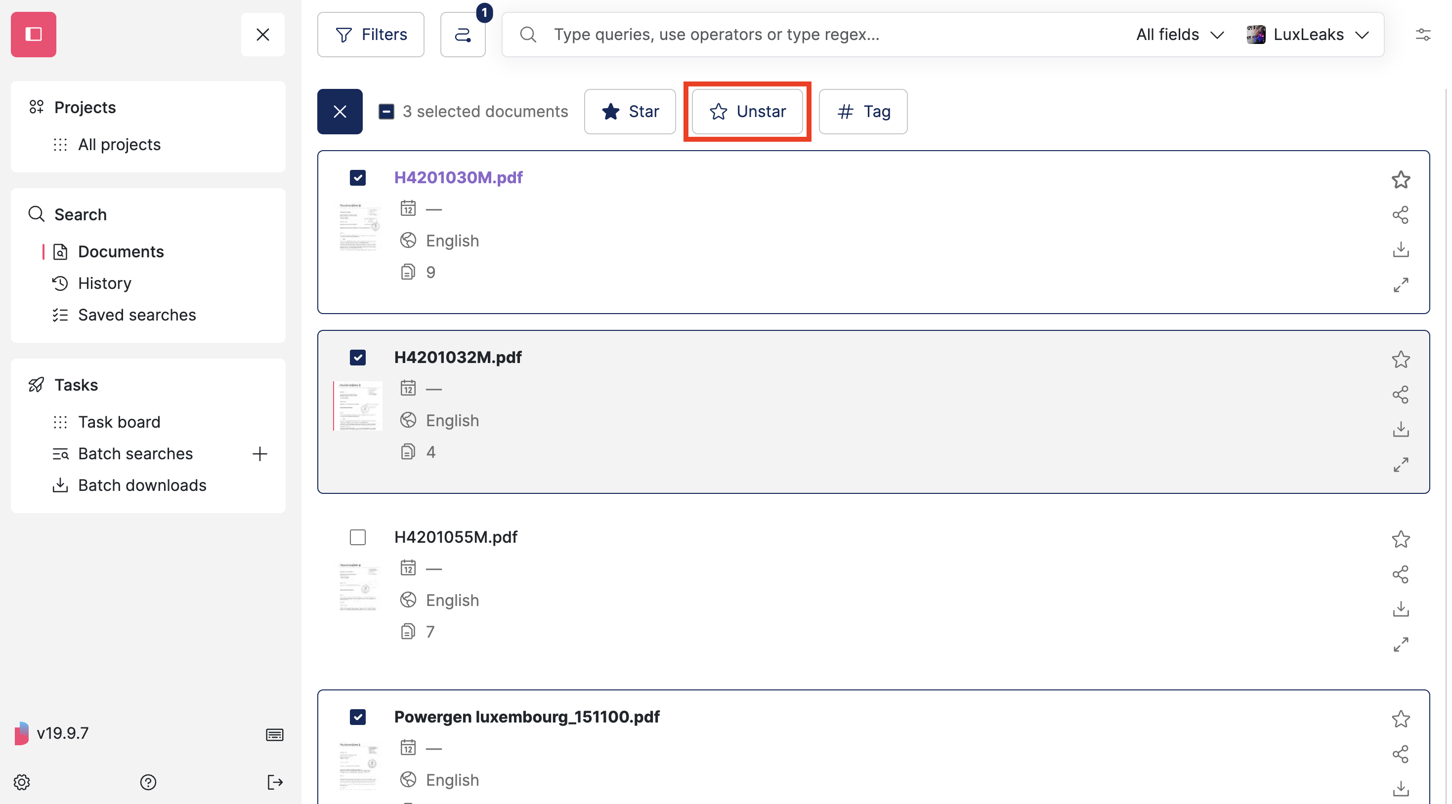 Screenshot of Datashare's search documents page in List layout where the selection mode is open and 3 documents are ticked, the 'Unstar' button is highlighted