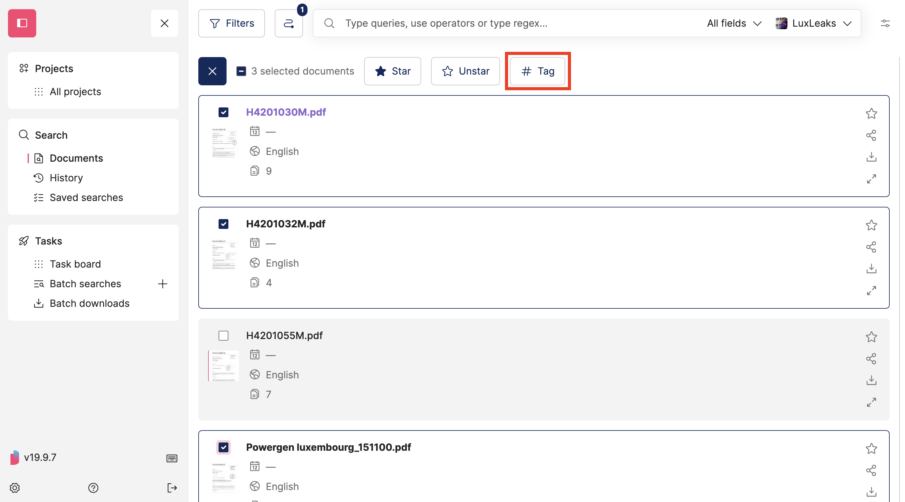 Screenshot of Datashare's search documents page in List layout where the selection mode is open and 3 documents are ticked, the 'Tag' button is highlighted