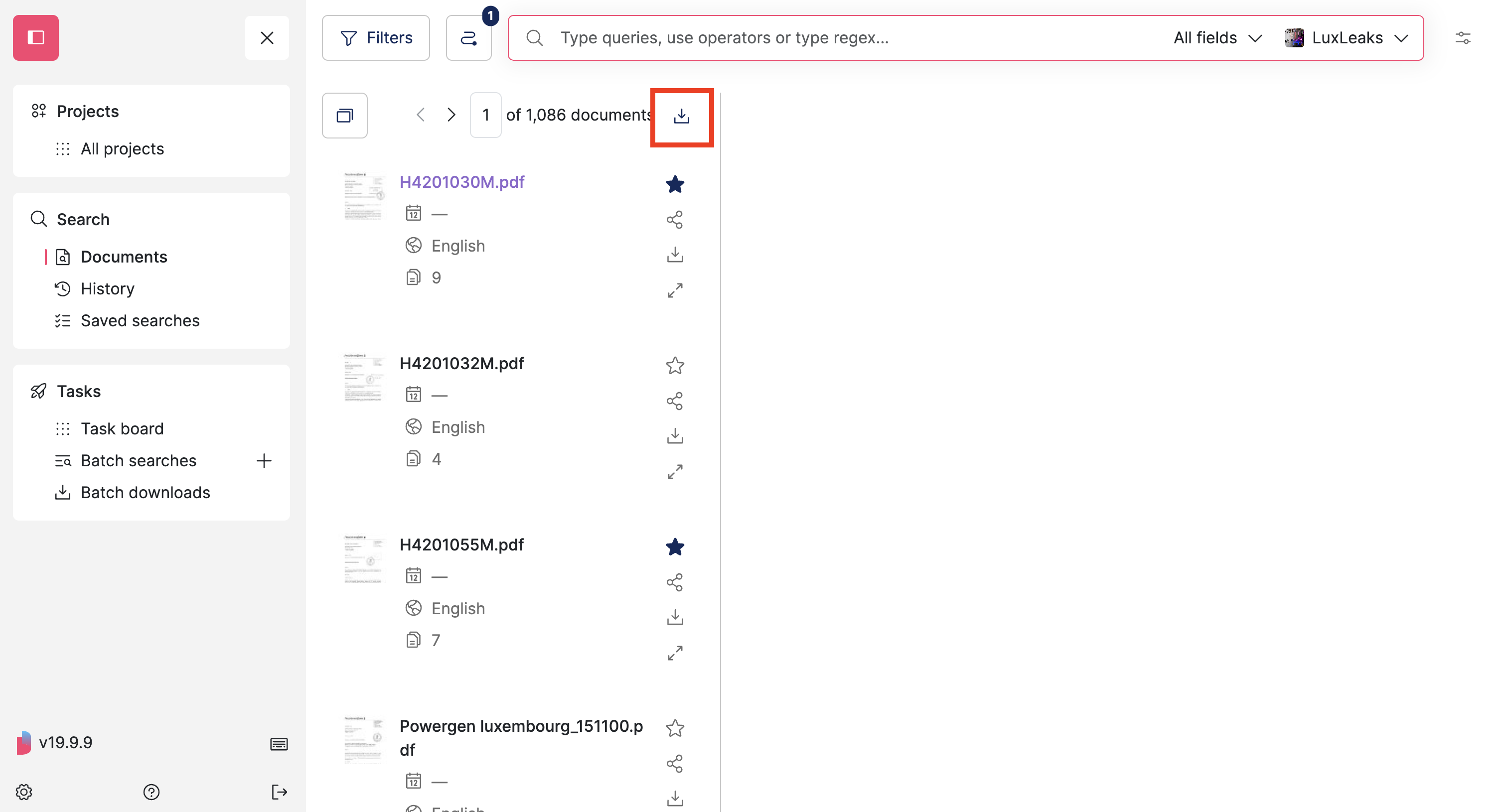 Screenshot of Datashare's search page in List view with the download icon on the top right of the result column highlighted