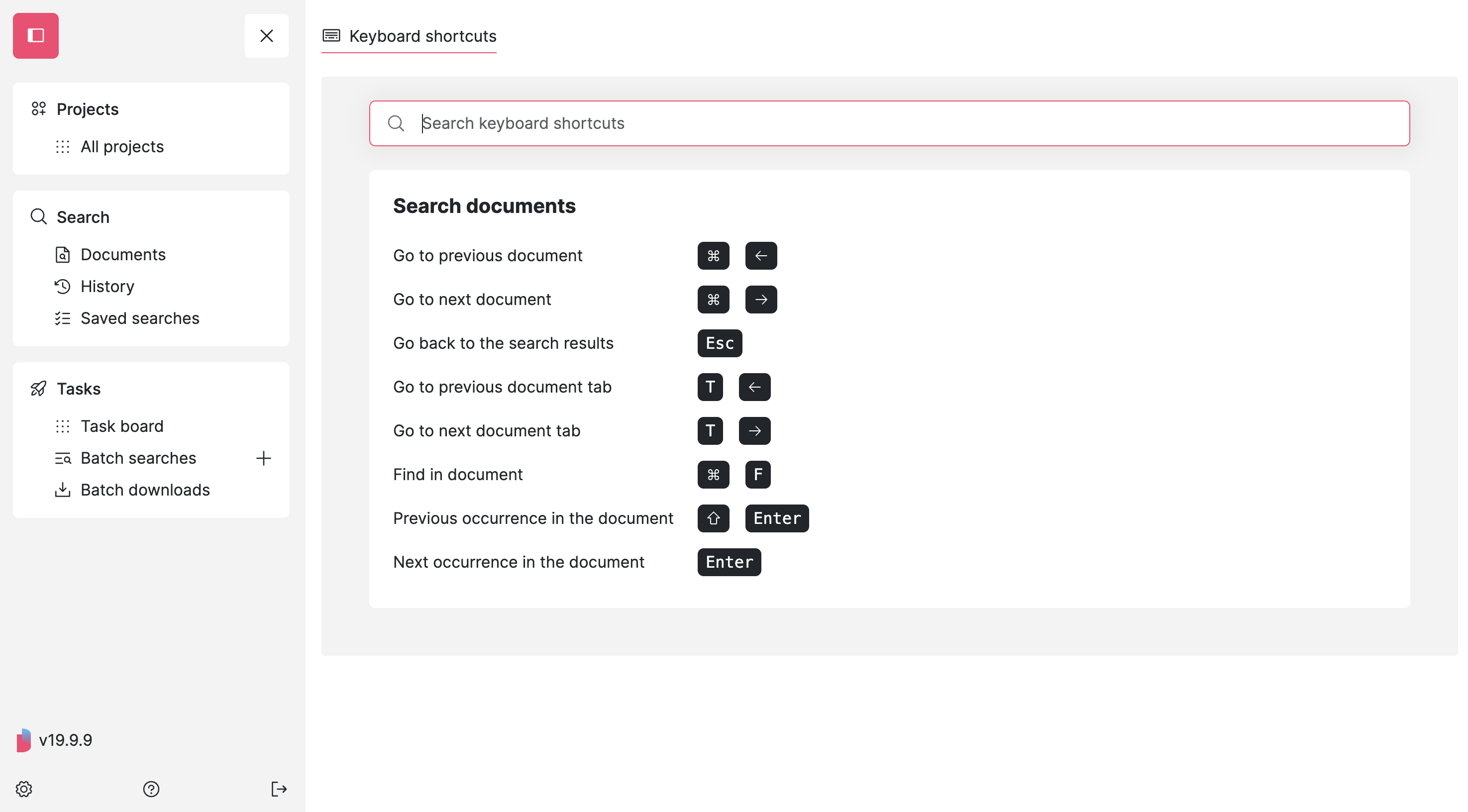 Screenshot of Datashare's keyboard shortcuts page