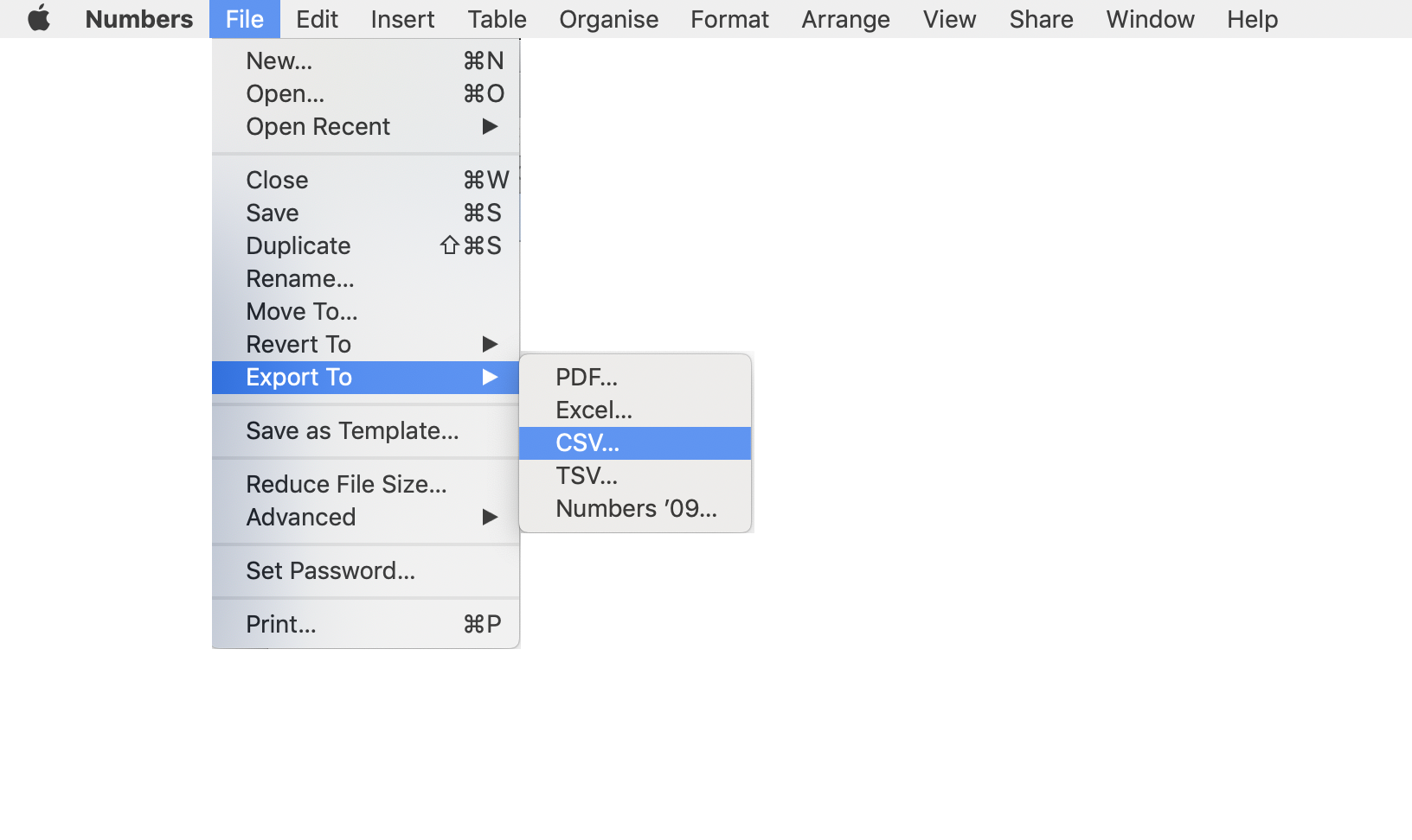 Screenshot of a window of 'Numbers' software where the menu's path File > Export to > CSV is selected