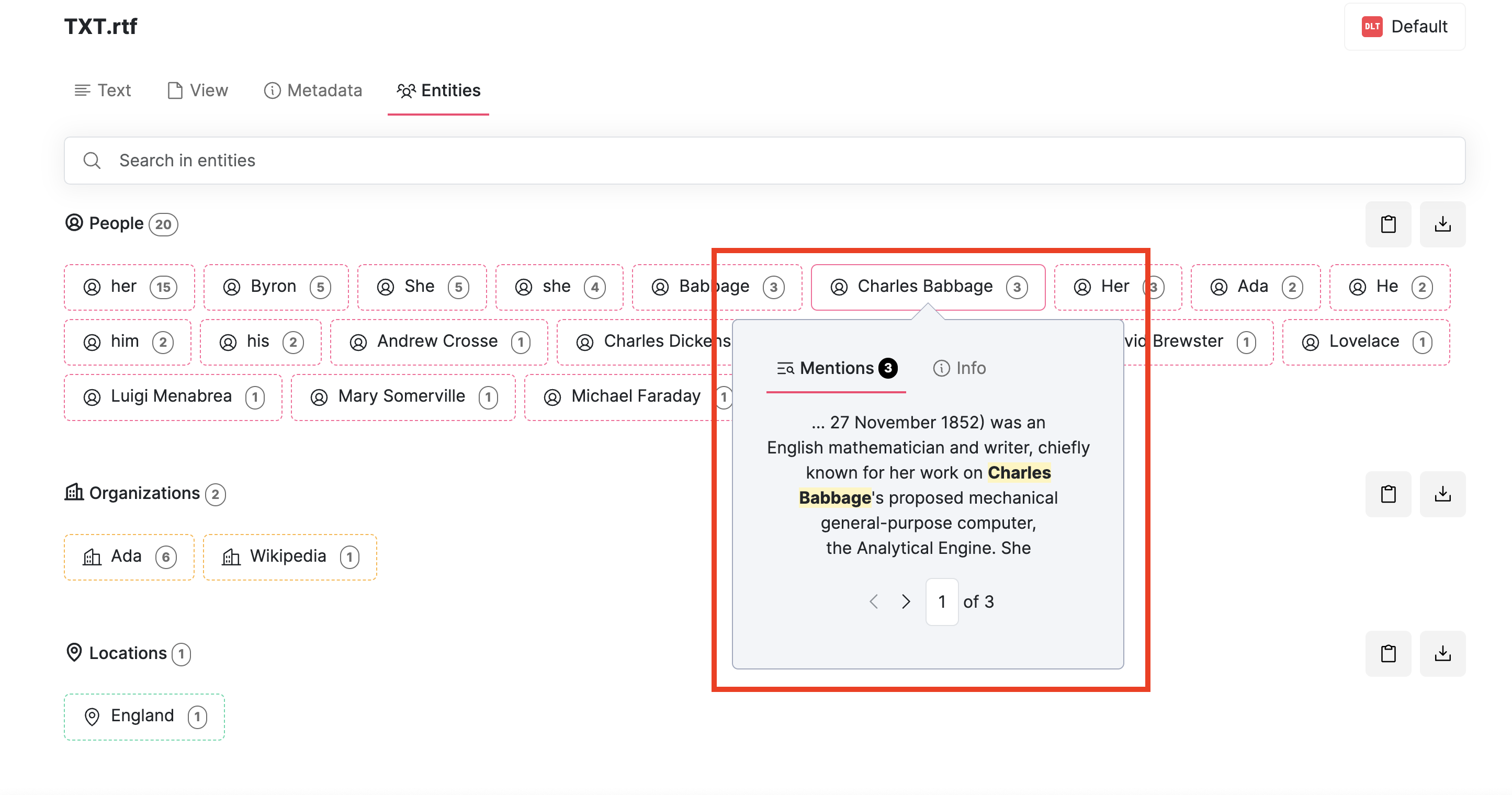 Screenshot of Datashare's full-screen document view on the 'Entities' tab with one entity and its popover on the 'Mentions' tab highlighted