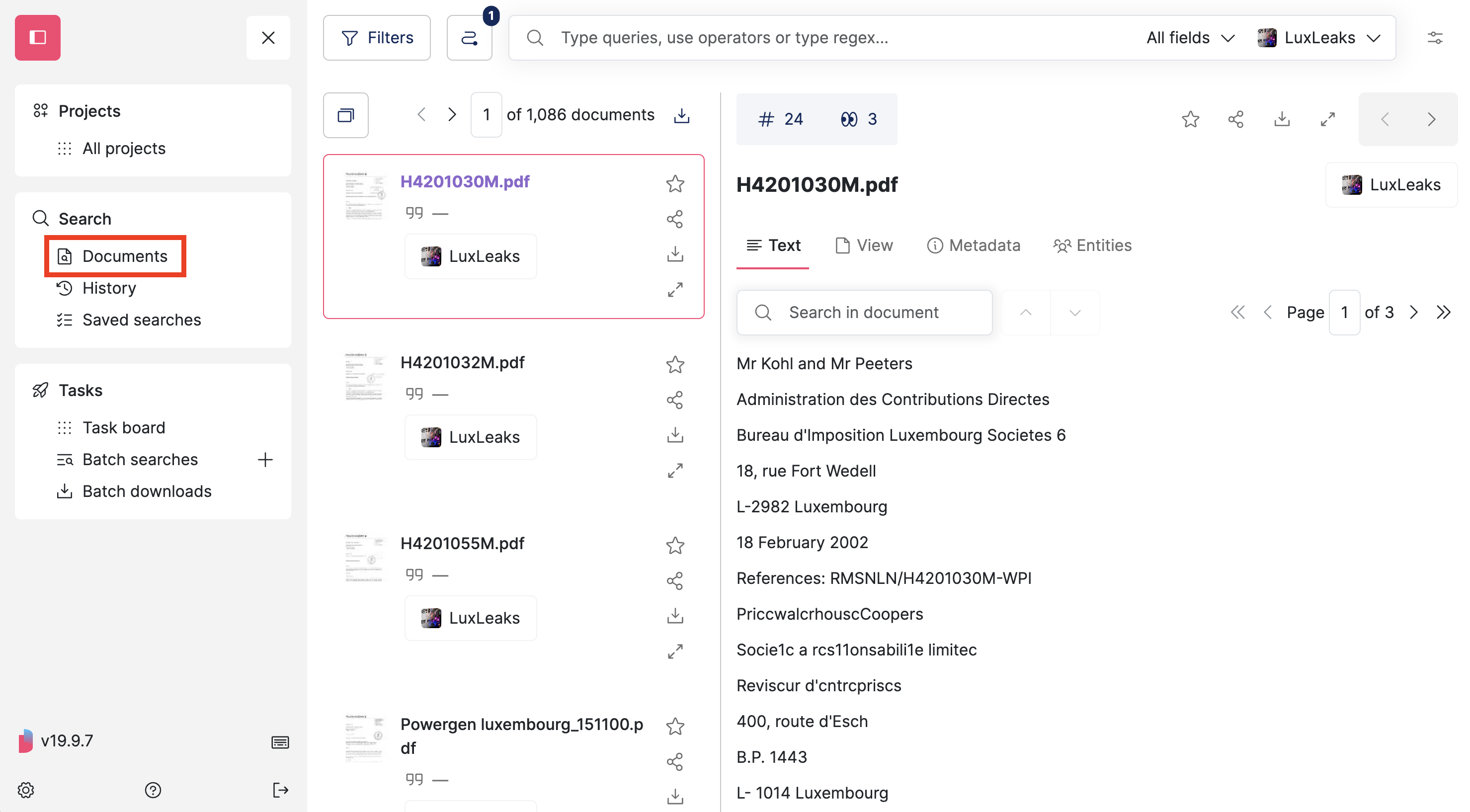 Screenshot of a Datashare's search documents page with the 'Documents' entry in the 'Search' category in the menu highlighted
