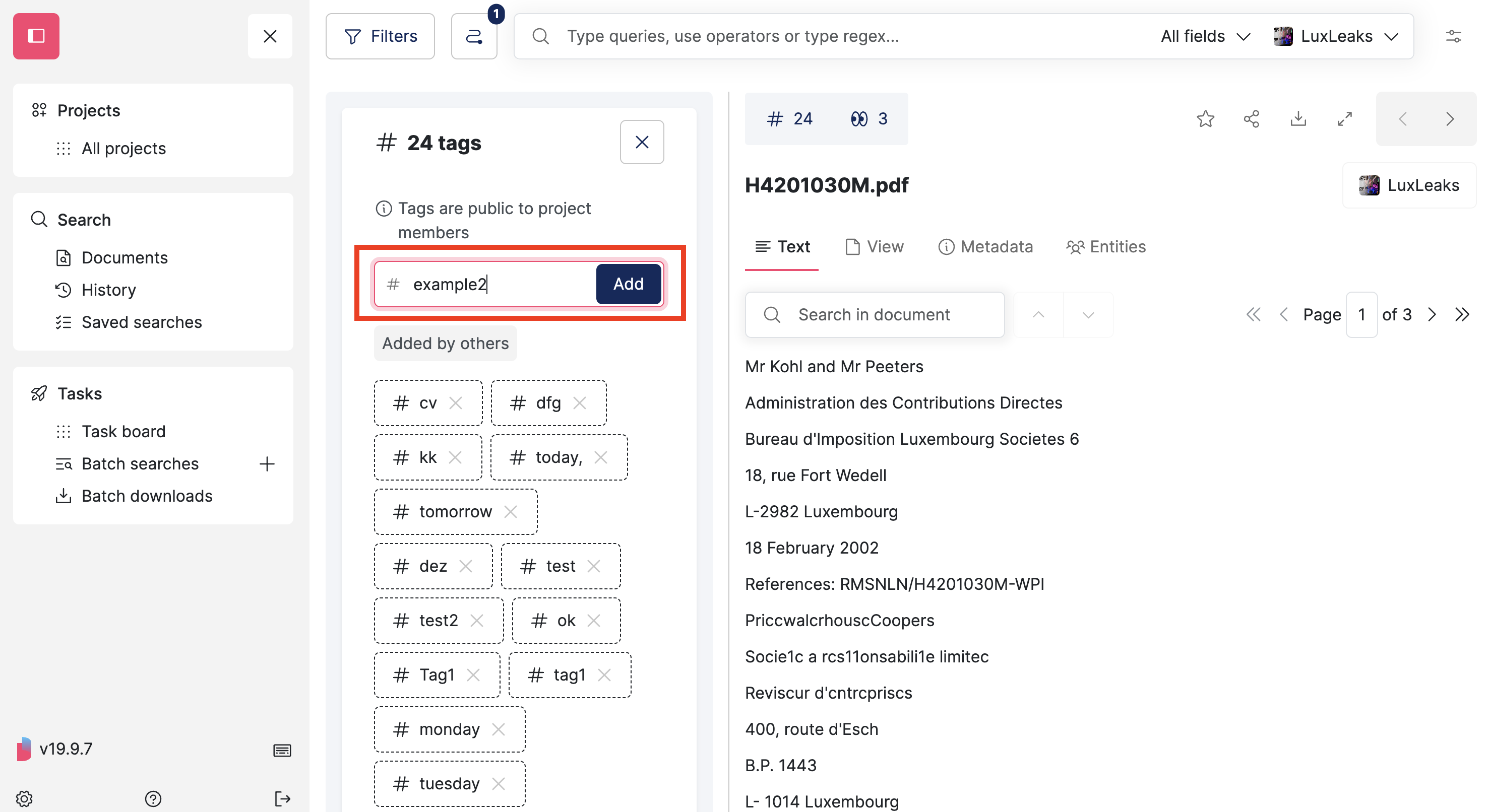Screenshot of Datashare's search documents page in List layout where a document is open, the 'Tags' floating panel on the left of the document is open and the field to add filters is highlighted