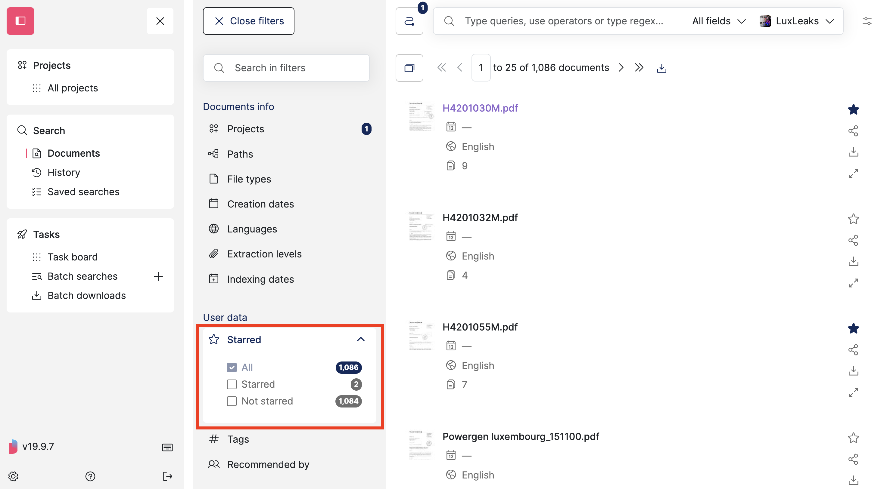Screenshot of Datashare's search documents page in List layout where the 'Filters' are open on the left and the 'Starred' filter is open and highlighted