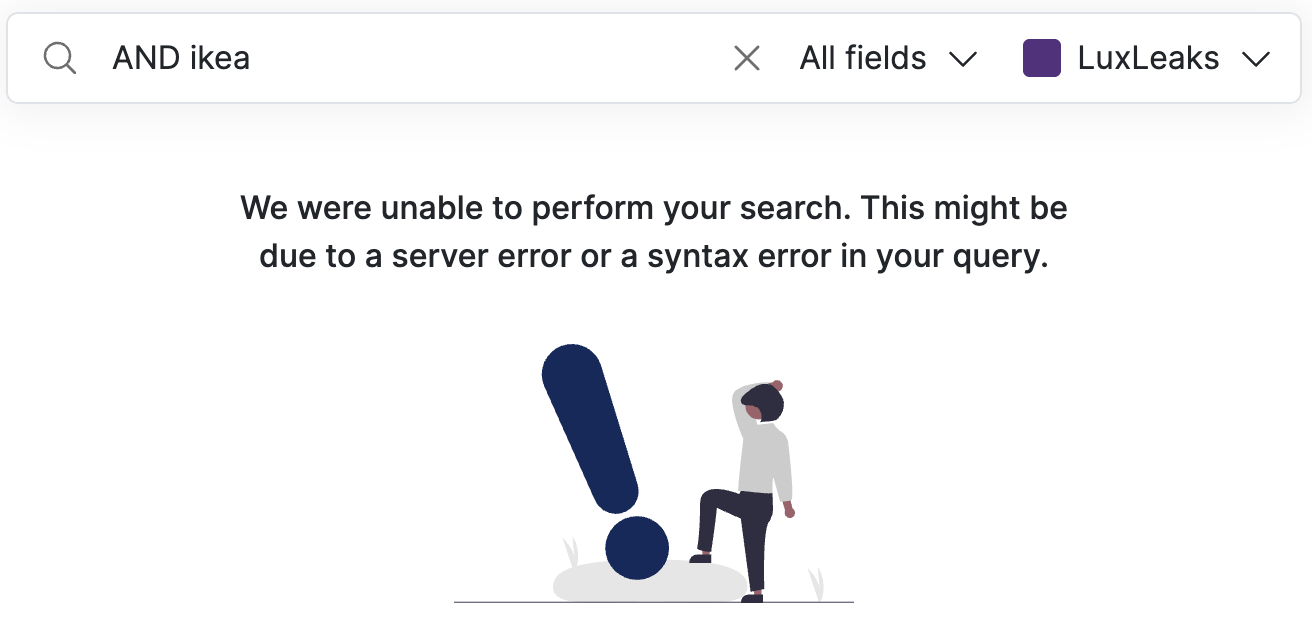 Screenshot of Datashare's search page with 'AND ikea' in the search bar and the message 'We were unable to perform your search. This might be due to a server error or a syntax error in your query'