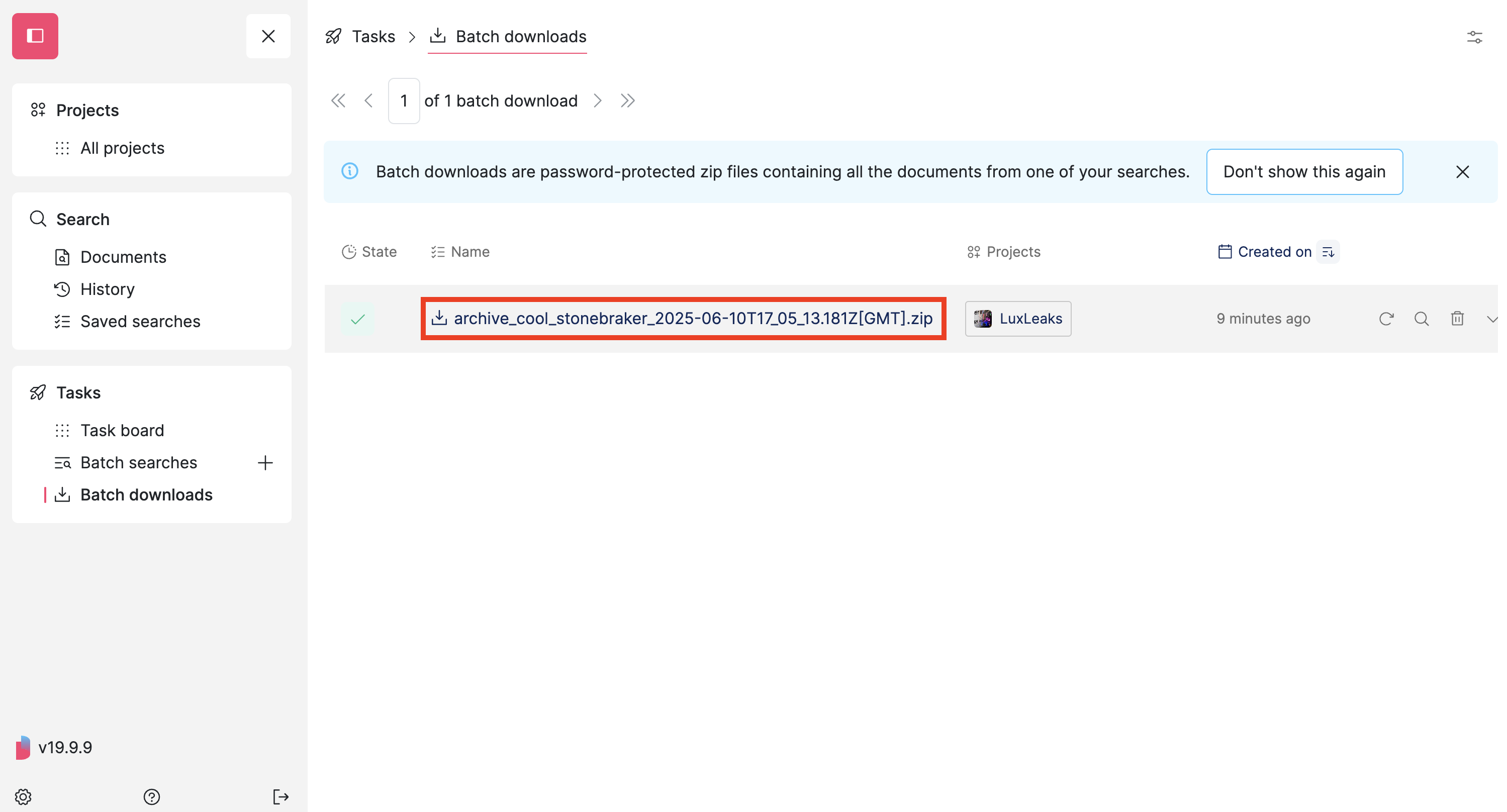 Screenshot of Datashare's batch downloads page with the name of one batch download highlighted