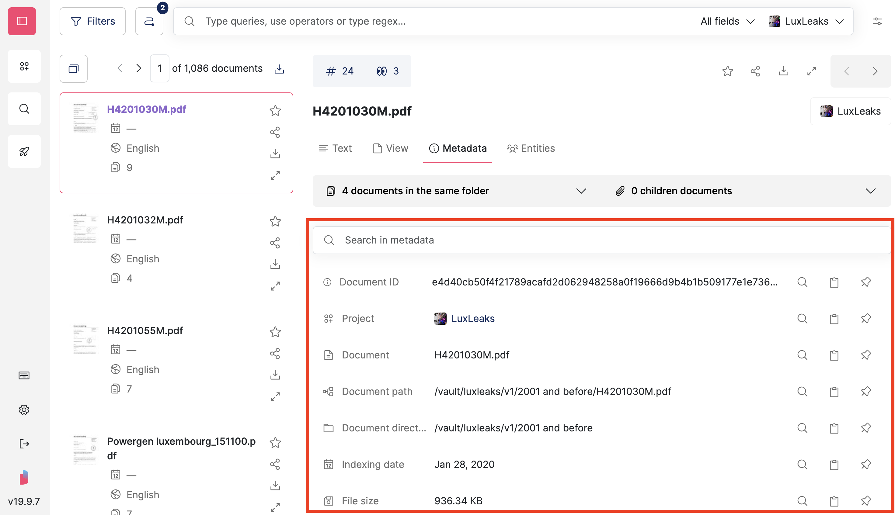 Screenshot of Datashare's page to search documents in List view with a document open on the 'Metadata' tab and list of metadata highlighted