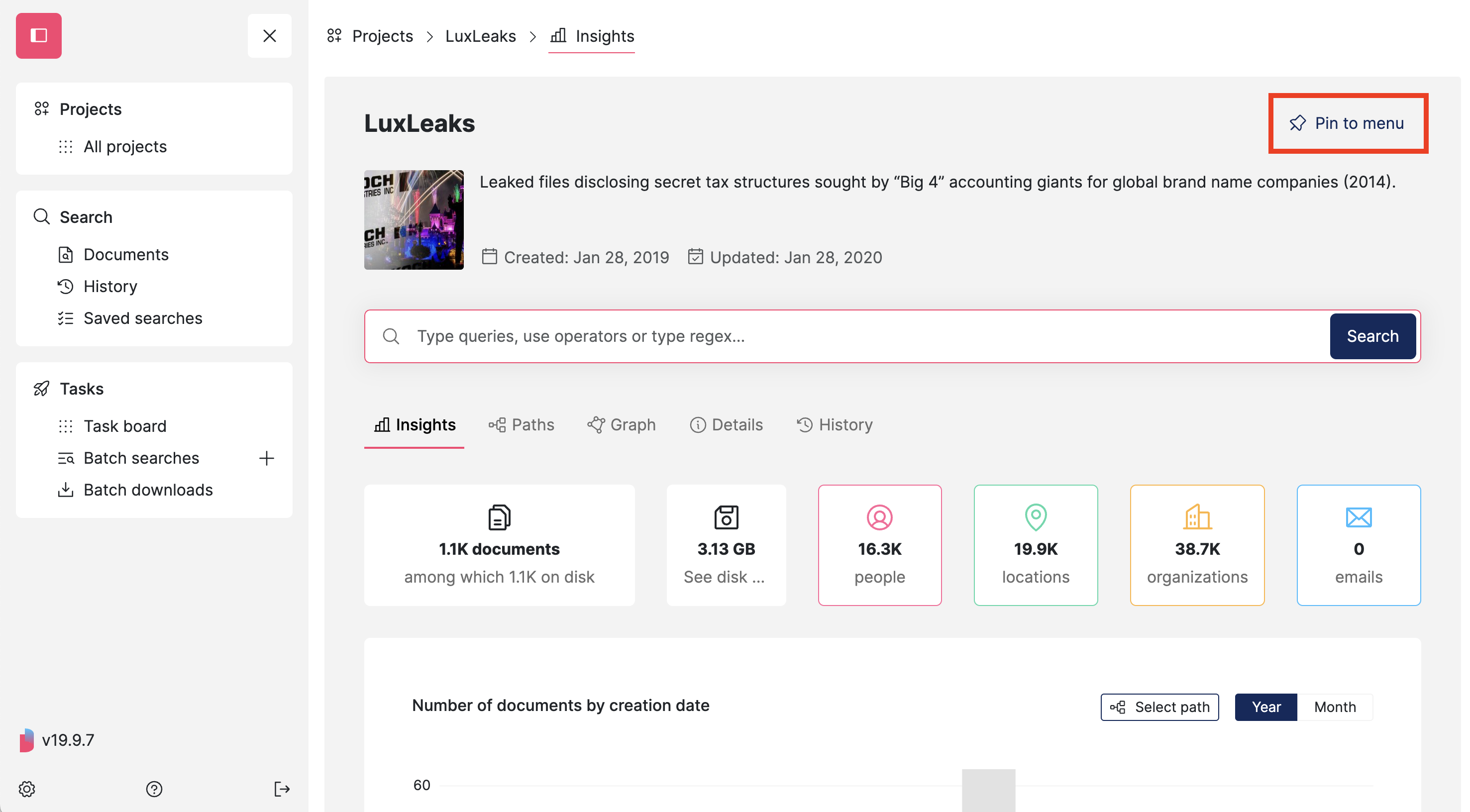 Screenshot of Datashare's 'All projects' page with LuxLeaks' project's 'Pin to menu' top right button highlighted